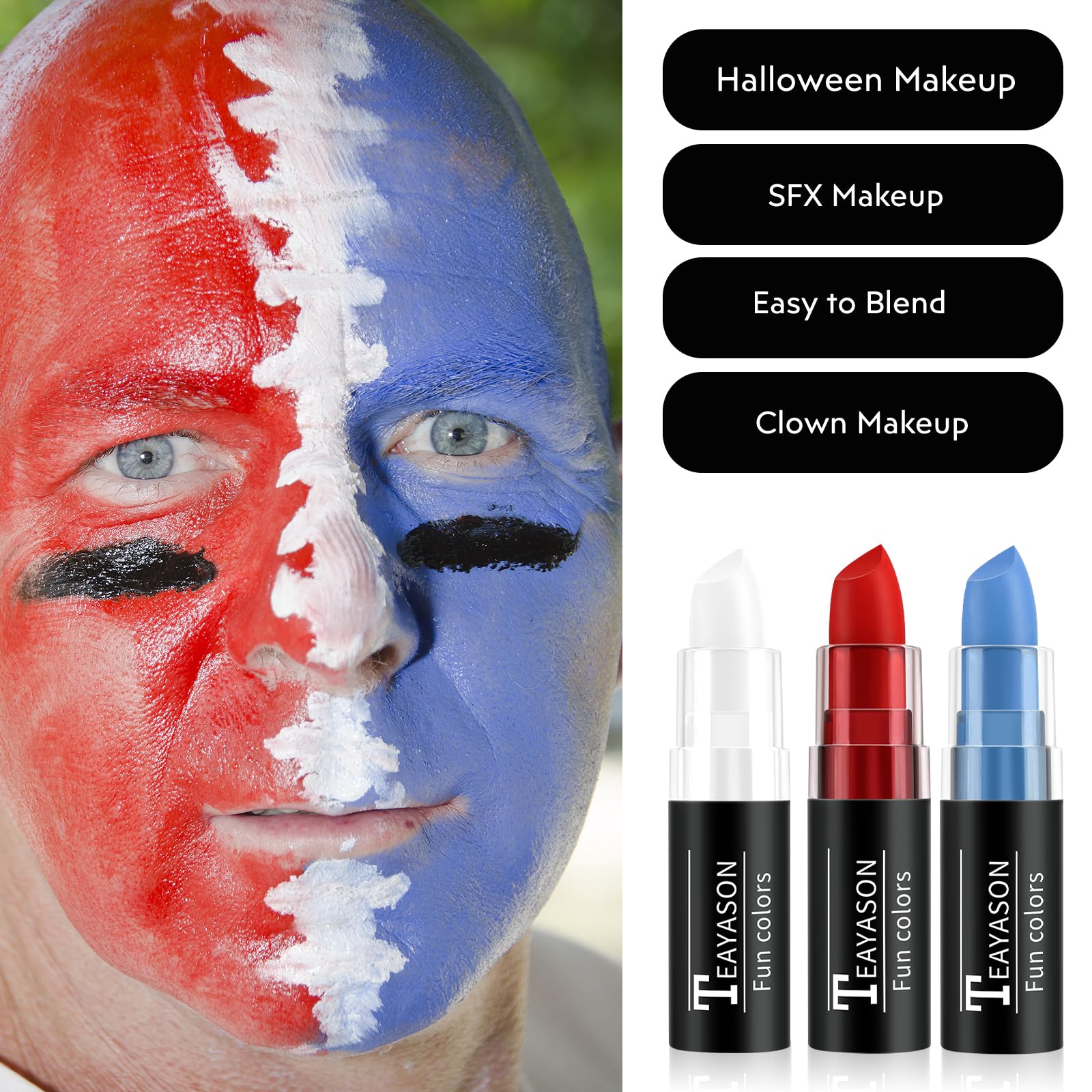 FIVEFULU Red Blue White Face Paint Halloween Makeup Kit, Matte Lipstick Set Eye Black Stick, Usa Themed Accessories Flag Color, Body Paint Face Makeup for Halloween Clown Harley Quinn Joker Makeup