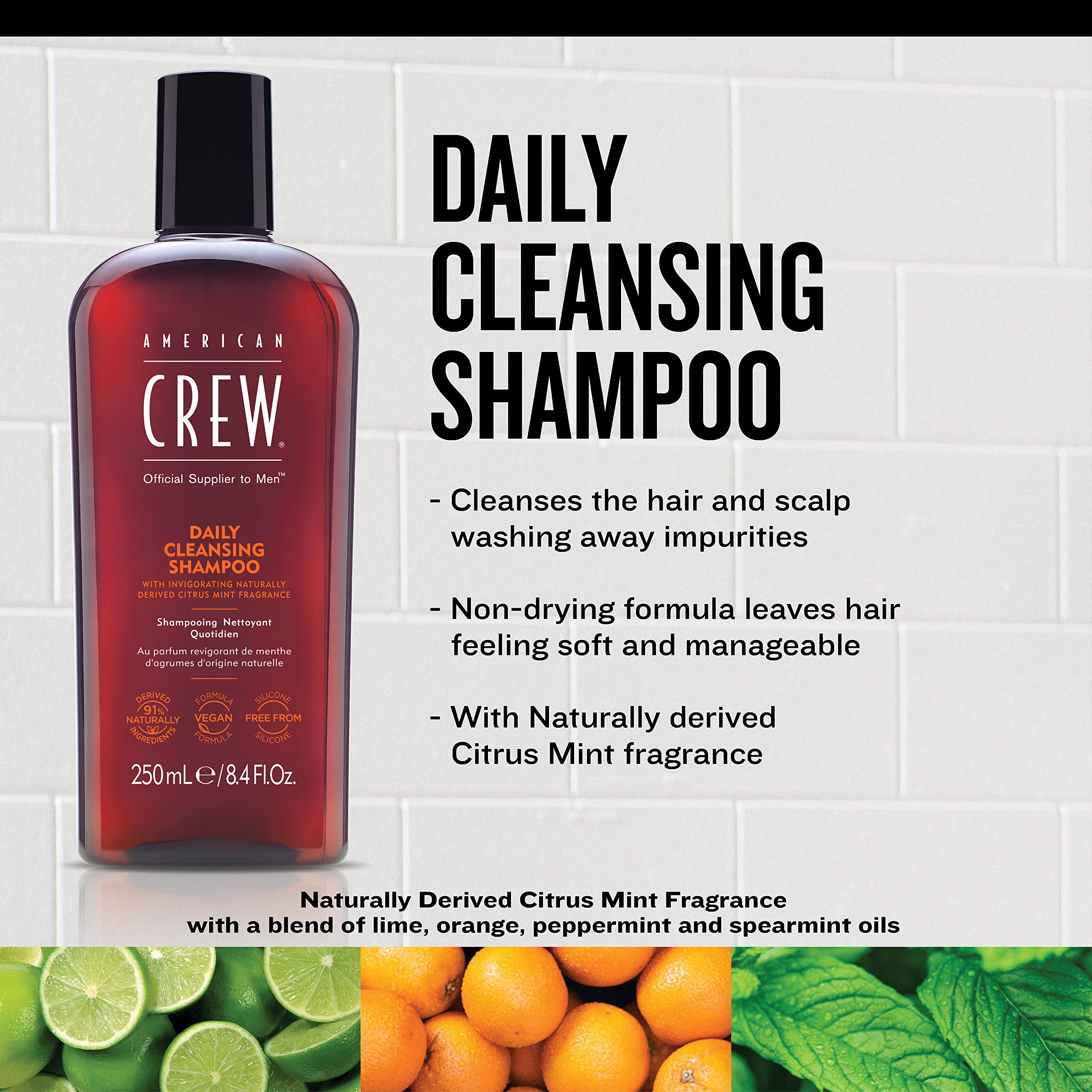 American Crew Shampoo for Men, Daily Cleanser, Naturally Derived, Vegan Formula, Citrus Mint Fragrance, 33.8 Fl Oz