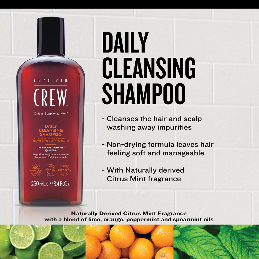 American Crew Shampoo for Men, Daily Cleanser, Naturally Derived, Vegan Formula, Citrus Mint Fragrance, 33.8 Fl Oz