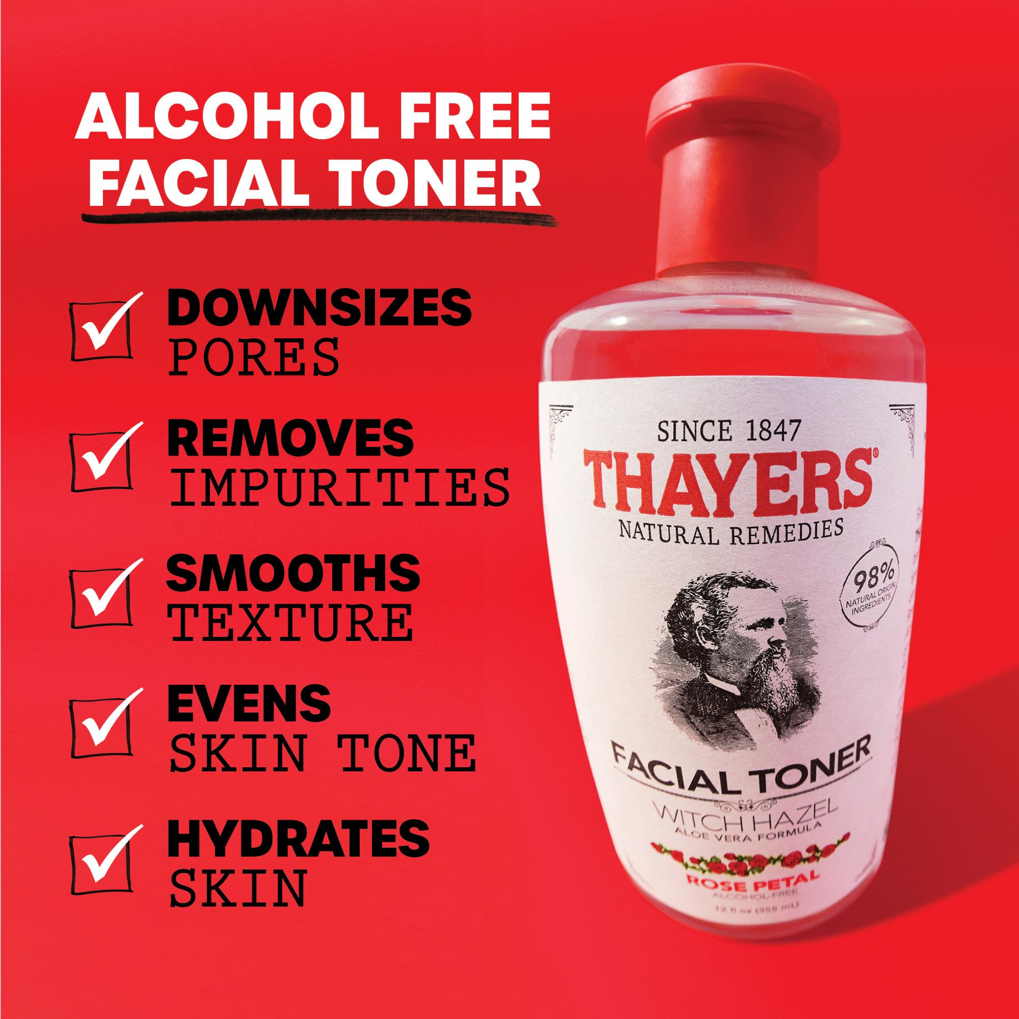 Thayers Alcohol-Free Rose Petal Witch Hazel Facial Toner for Glowing Skin, Soothing, Hydrating, Refreshing Toner for Normal and Combination Skin, 12oz