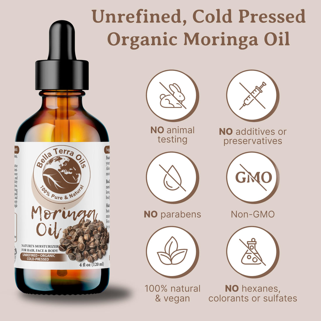 Bella Terra Oils - Organic Moringa Seed Oil 8 oz - A Symphony of Nutrients & Fatty Acids, Elevating Beauty Rituals with Natural Nourishment
