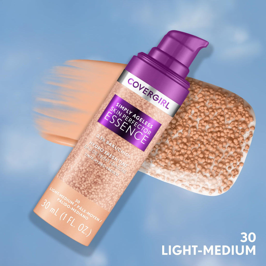 Covergirl Simply Ageless Skin Perfector Essence Foundation, 30 Light-Medium, Tinted Skin Perfector, Skincare Makeup Hybrid, Sheer Tint, Radiant Finish, Skin-Like Finish, Vegan Formula, 1.0oz