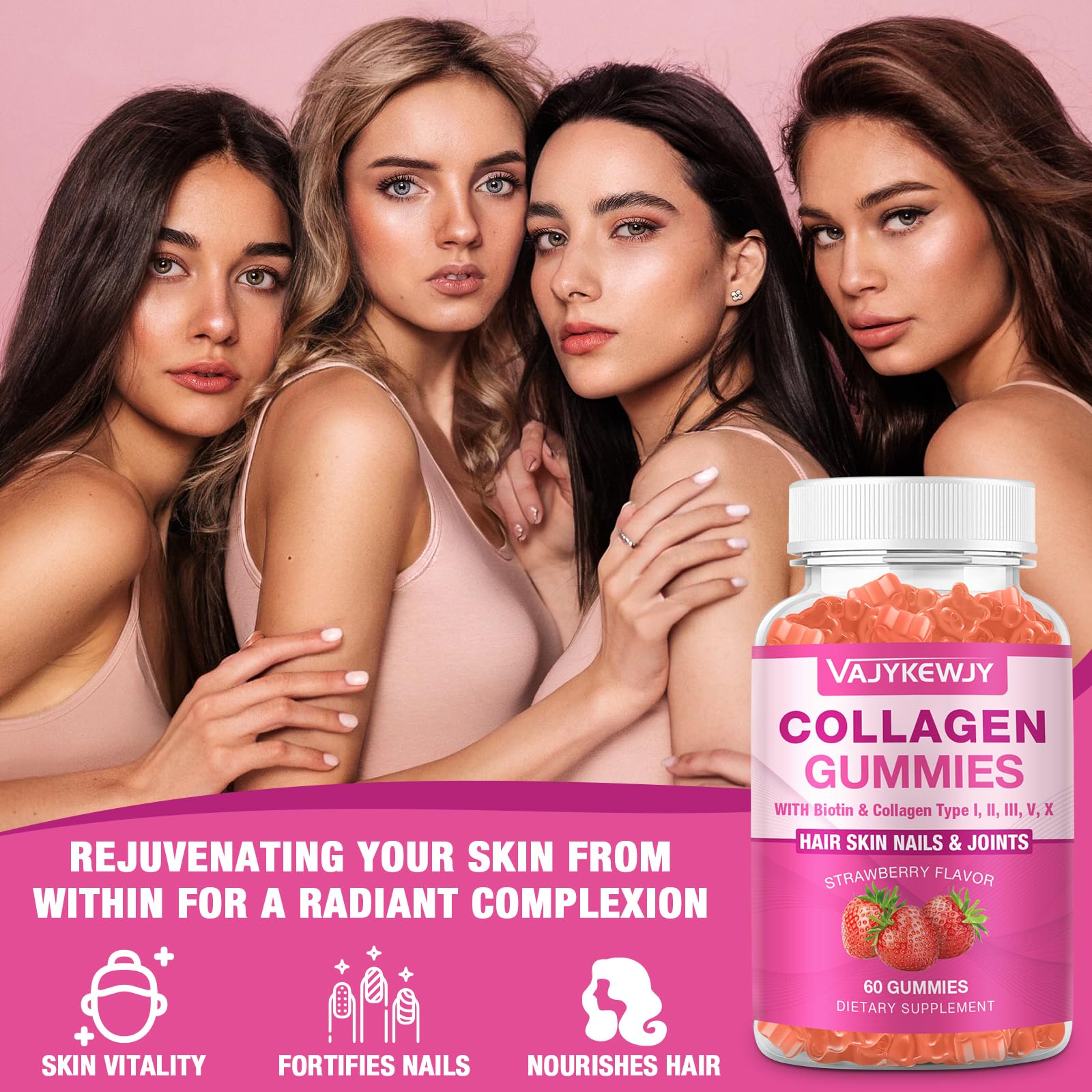 VAJYKEWJY 2-Pack Collagen Gummies for Women & Men - with Biotin, Vitamin C, & Zinc for Skin Radiance, Hair Growth, Strong Nails, & Joint Support, 120 Count