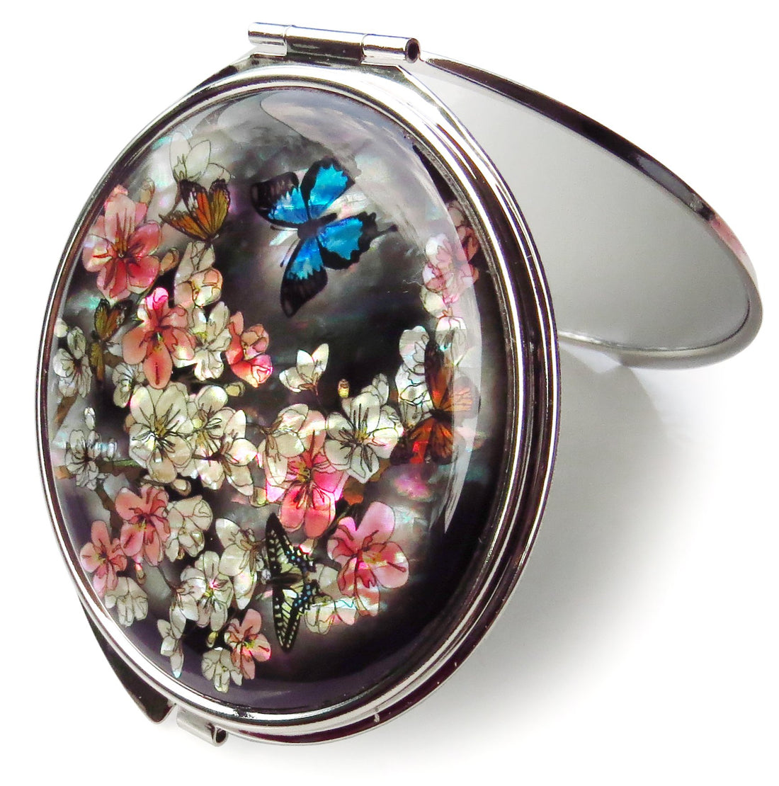Korean Makeup Compact Mirror Mother of Pearl Metal Apricot Flower Butterfly #55