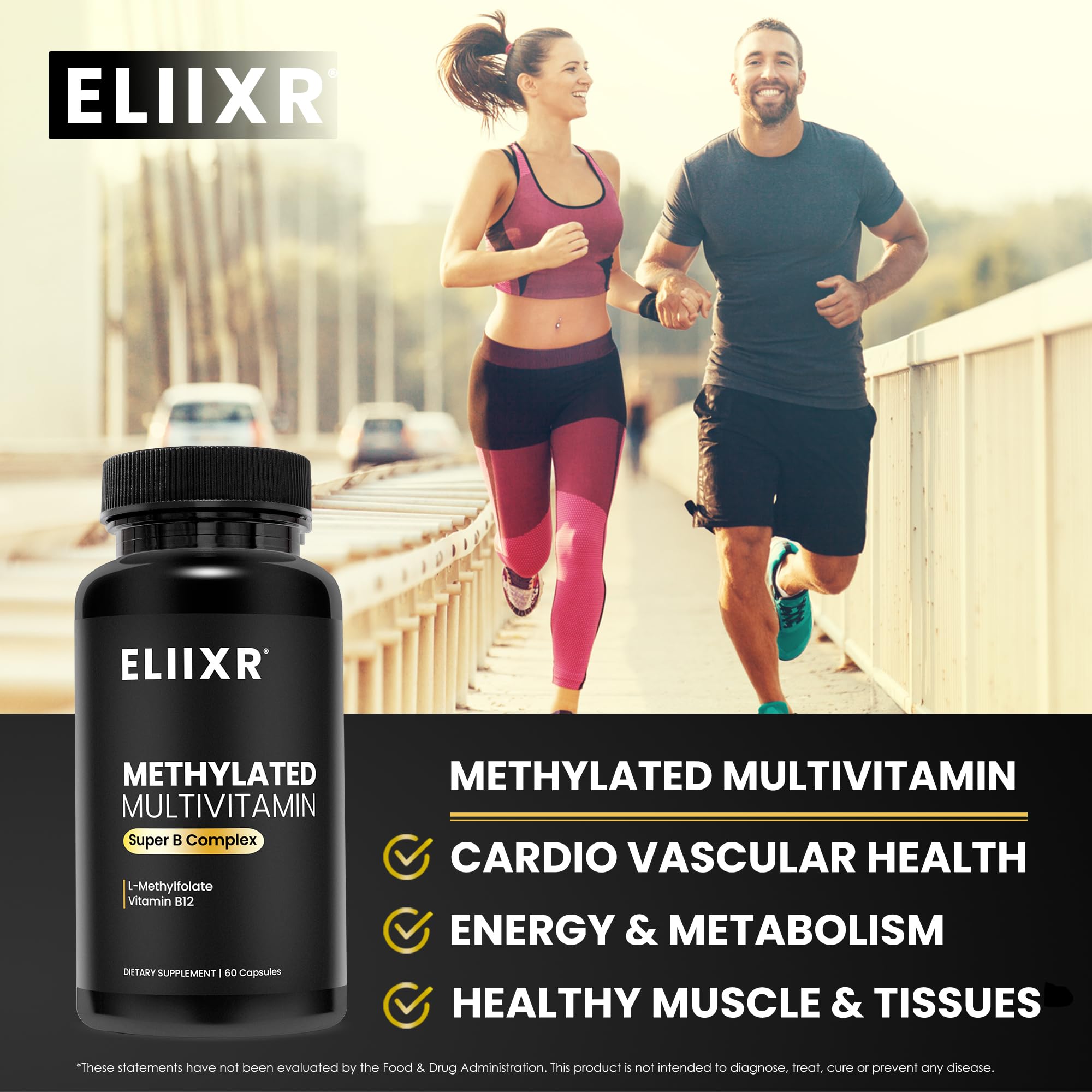 Eliixr Methylated Multivitamin Supplement for Men and Women with Active Methyl B12 and 5-MTHF Methylfolate 60 Vegetable Capsules Iron Free Made in The USA