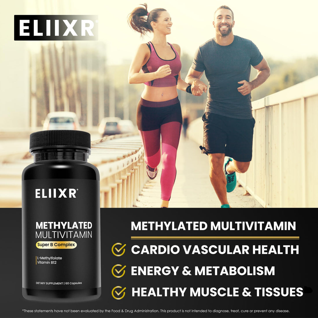 Eliixr Methylated Multivitamin Supplement for Men and Women with Active Methyl B12 and 5-MTHF Methylfolate 60 Vegetable Capsules Iron Free Made in The USA