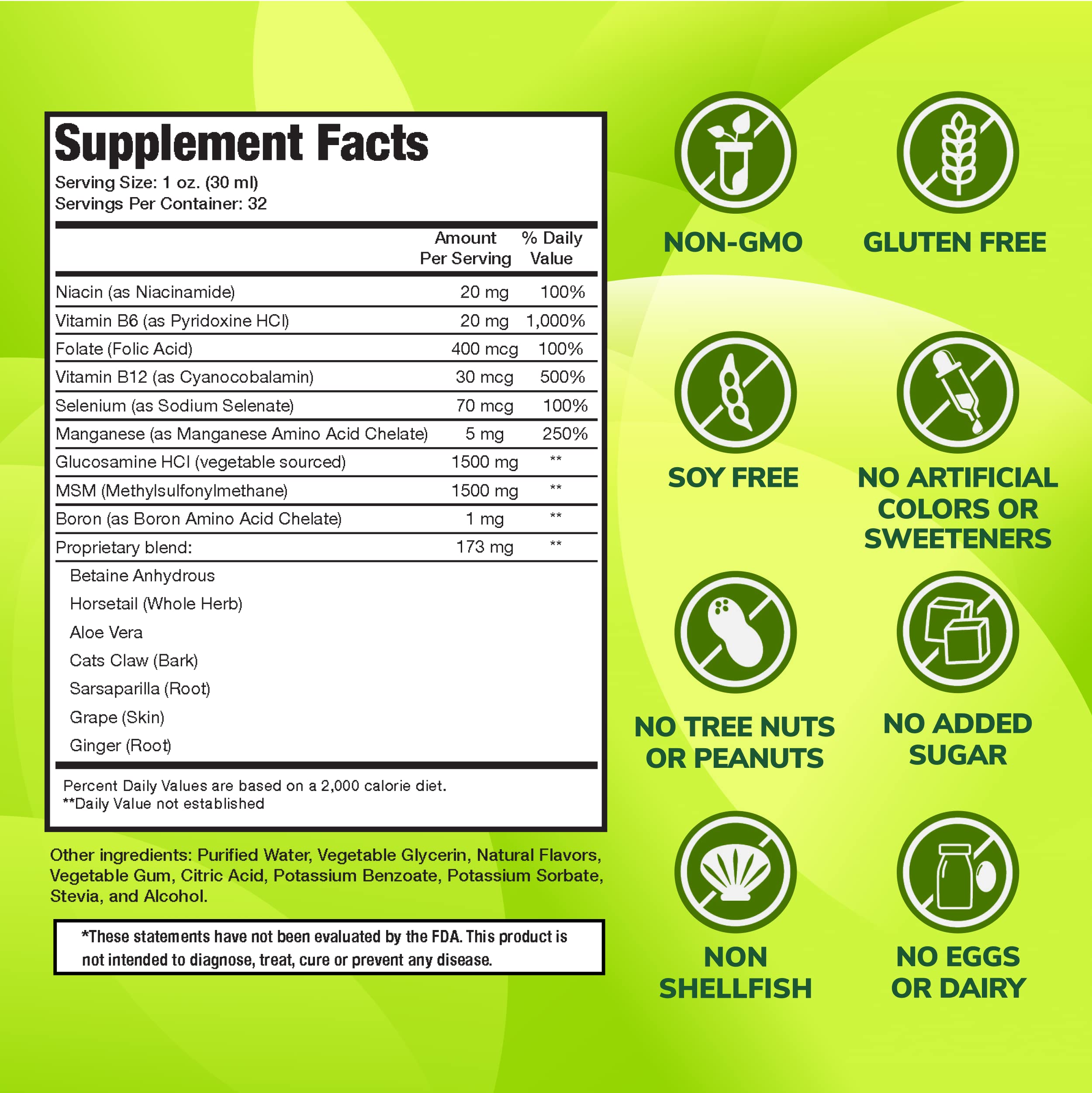 Vegan Liquid Glucosamine Supplement Plus MSM | 1500mg Glucosamine with MSM | Non Shellfish | GMO Free | Joint Support Supplement Derived from Vegetables | 32 oz | Made in USA