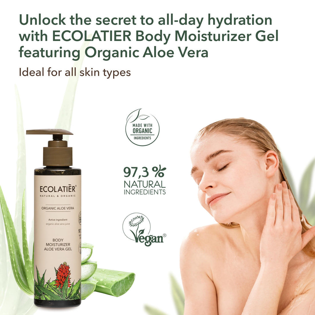 ECOLATIÈR Aloe Vera Gel – 97.5% Natural Face & Body Moisturizer, Hydrating & Soothing for Dry Skin, Fast Absorbing In-Shower Aloe Lotion, Vegan Formula for Sensitive Skin – 6.7 Fl Oz