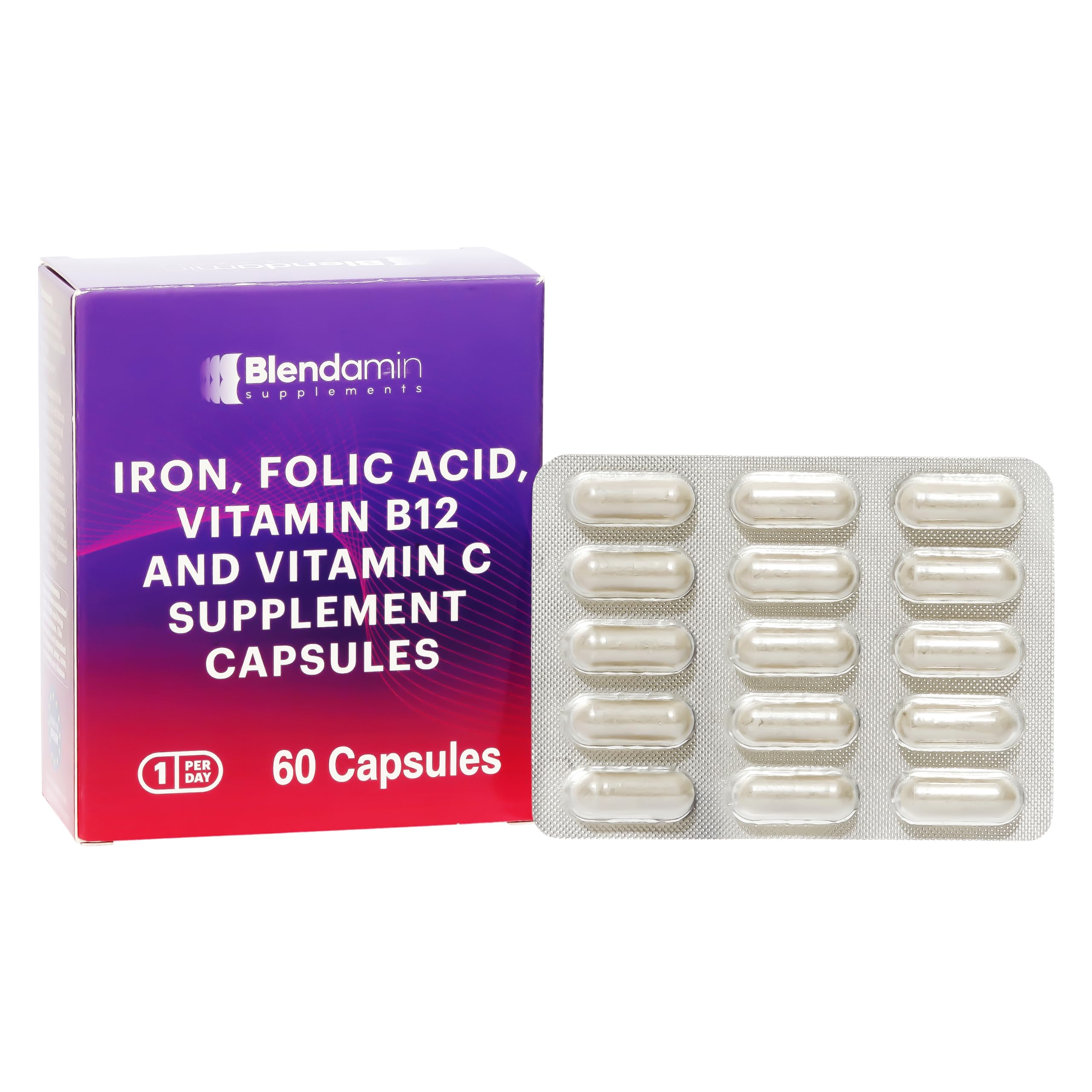 Blendamin Iron Ferrous Bisglycinate with Vitamins B12 Cyanocobalamin, Folic Acid, Vitamin C, Red Cells Formation, Blood & Immunity Health 60 Capsules