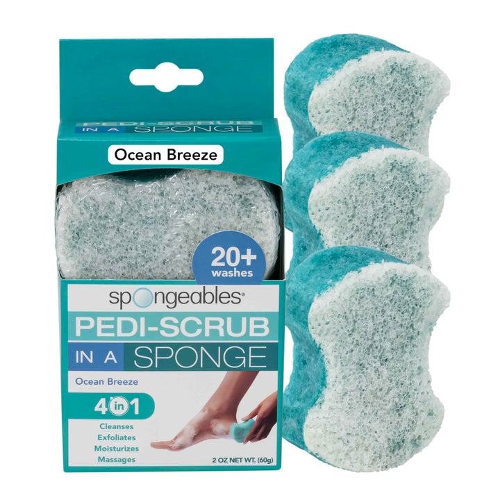 Spongeables Pedi-scrub Foot Buffer, The Soap is In The Sponge, Contains Shea Butter and Tea Tree Oil, Foot Exfoliating Sponge, 20+ Washes, Ocean Breeze Scent, Pack Of 3, 3 Count