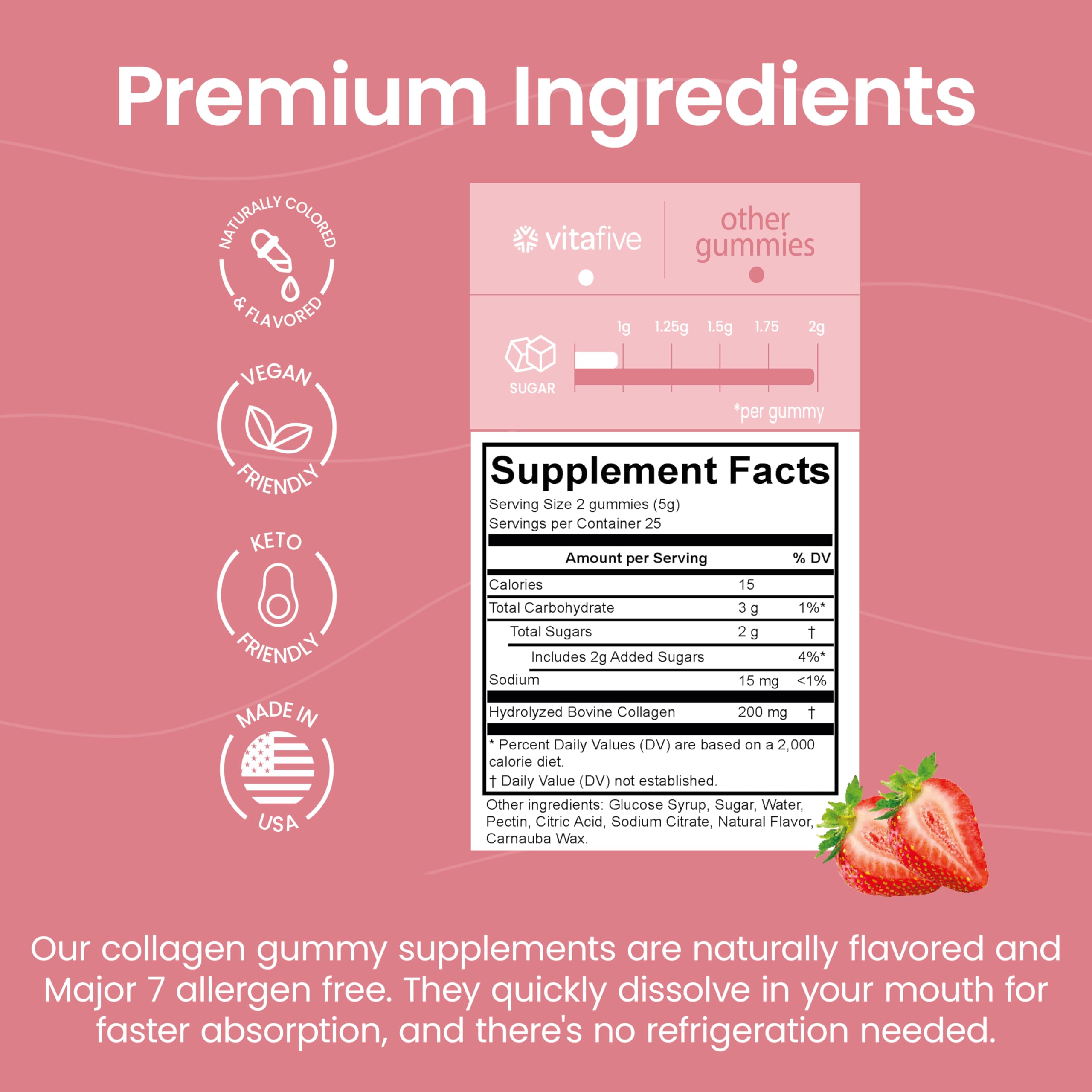 vitafive Collagen Gummies for Men and Women, Bovine Collagen, Collagen Gummy for Hair, Skin, and Connective Tissue Support, Gluten Free (50 Ct)