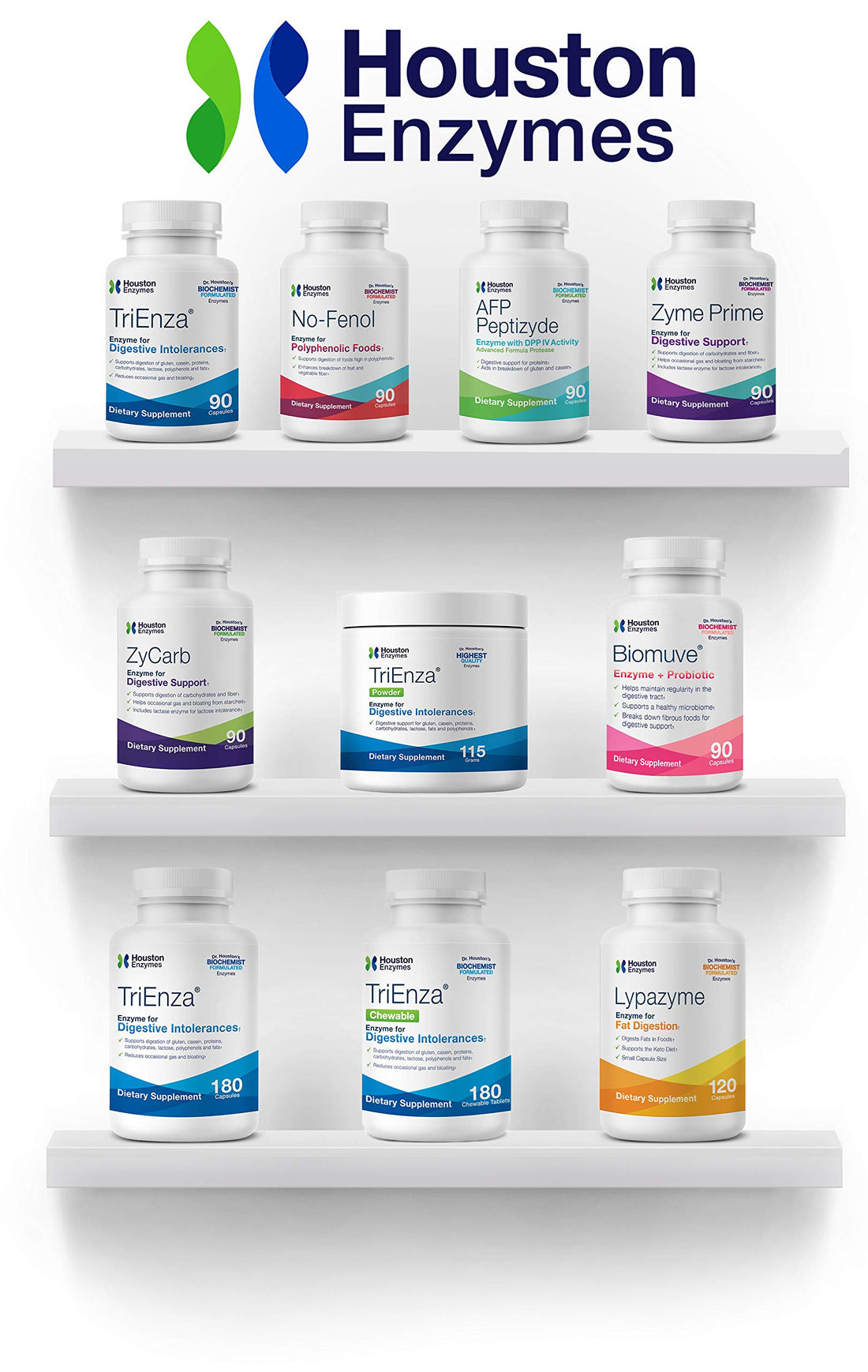 Houston Enzymes – TriEnza – 180 Chewable Tabs (45 Doses) –Broad-Spectrum Enzymes for Digestive Intolerances –Supports Digestion of Gluten, Casein, Soy, Proteins, Carbohydrates, Sugars, Fats & Phenols