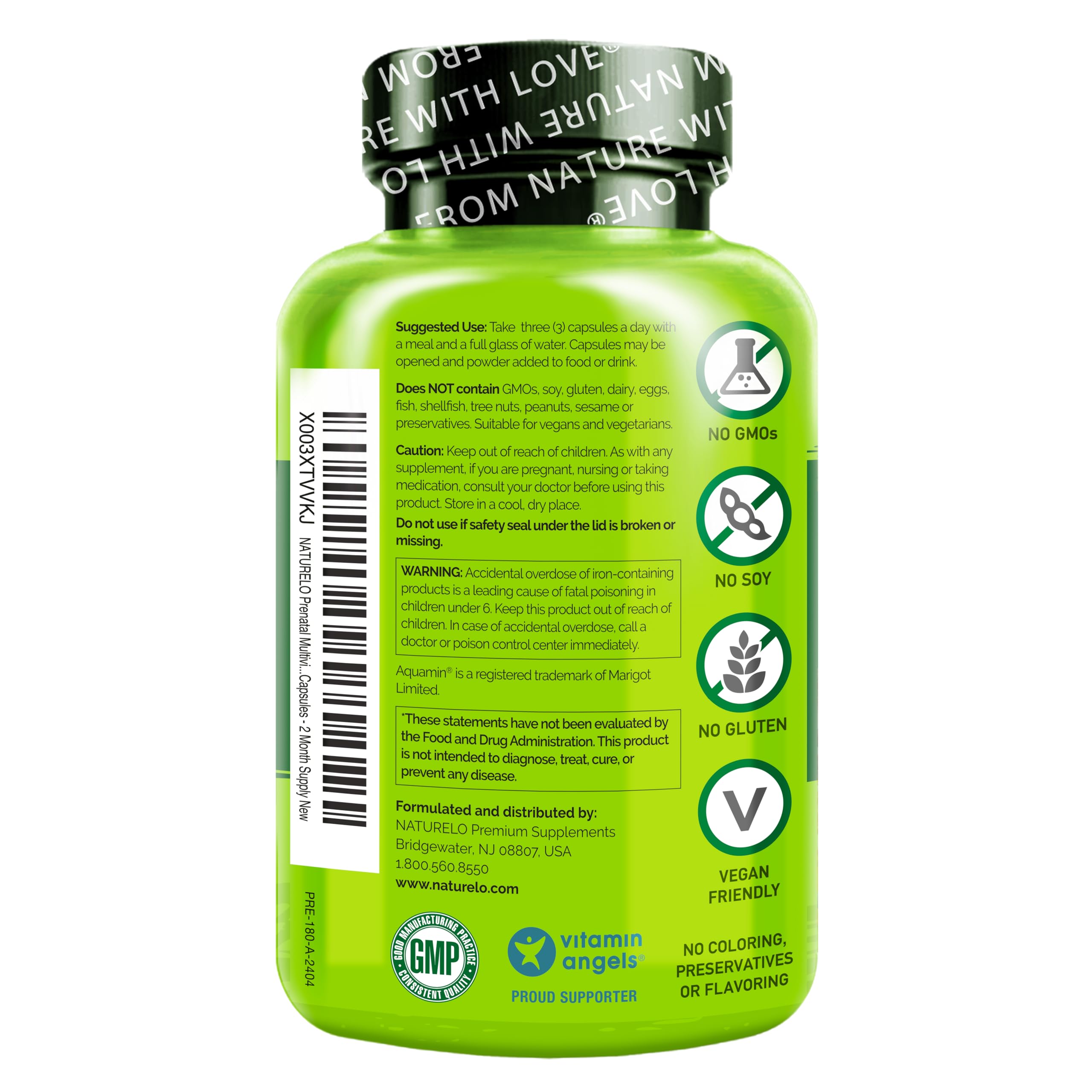 NATURELO Prenatal Multivitamin with Gentle Chelated Iron, Methyl Folate, Plant Calcium & Choline - Vegan, Vegetarian - Non-GMO - Gluten Free - 180 Capsules - 2 Month Supply