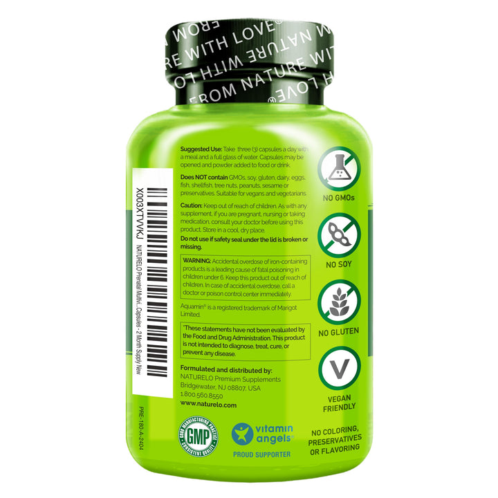 NATURELO Prenatal Multivitamin with Gentle Chelated Iron, Methyl Folate, Plant Calcium & Choline - Vegan, Vegetarian - Non-GMO - Gluten Free - 180 Capsules - 2 Month Supply