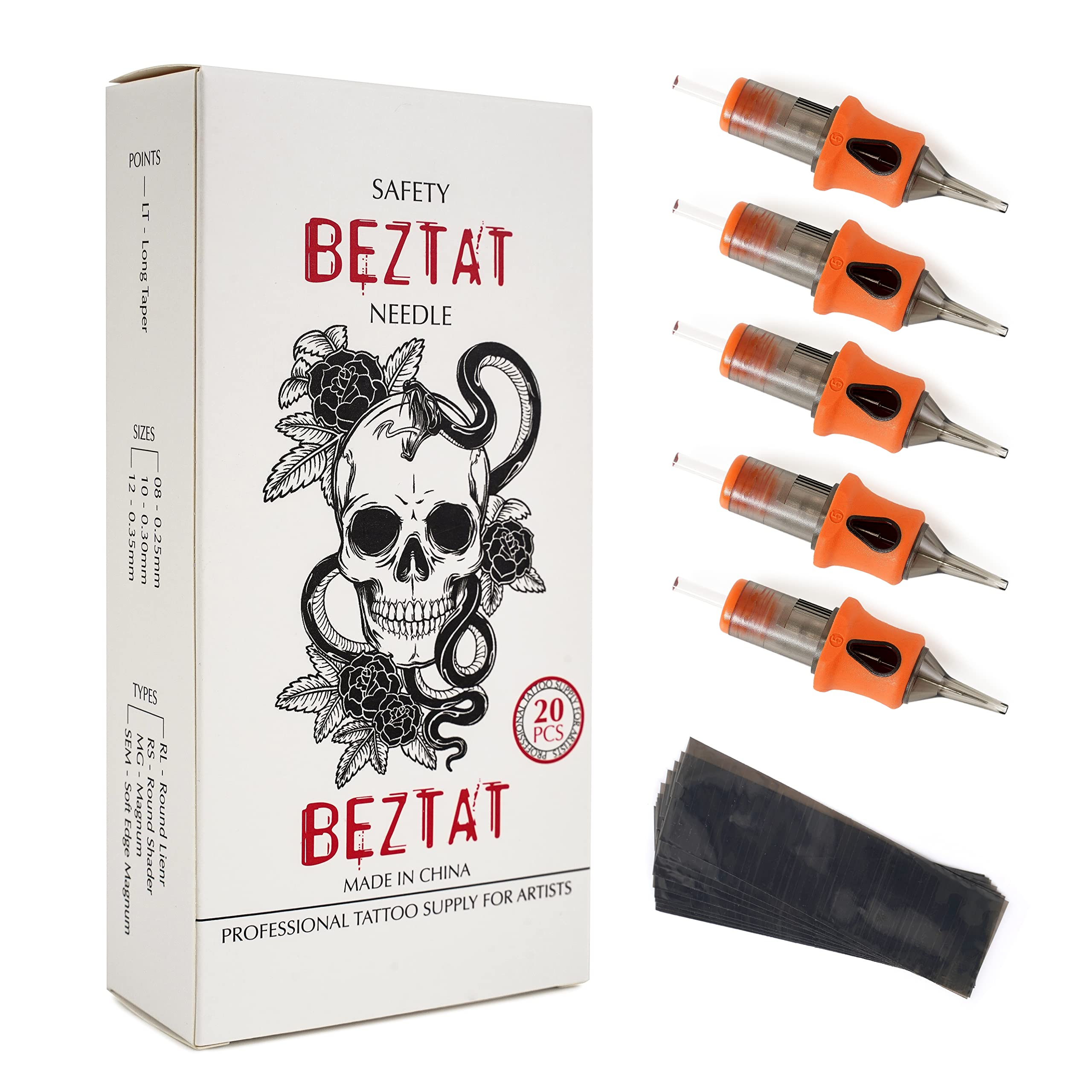 BEZTAT Ultra Premium Professional Cartridge Needles w/Grip & Machine Covers Sleeves #12 Round Shader 20 Pack (1208RS)