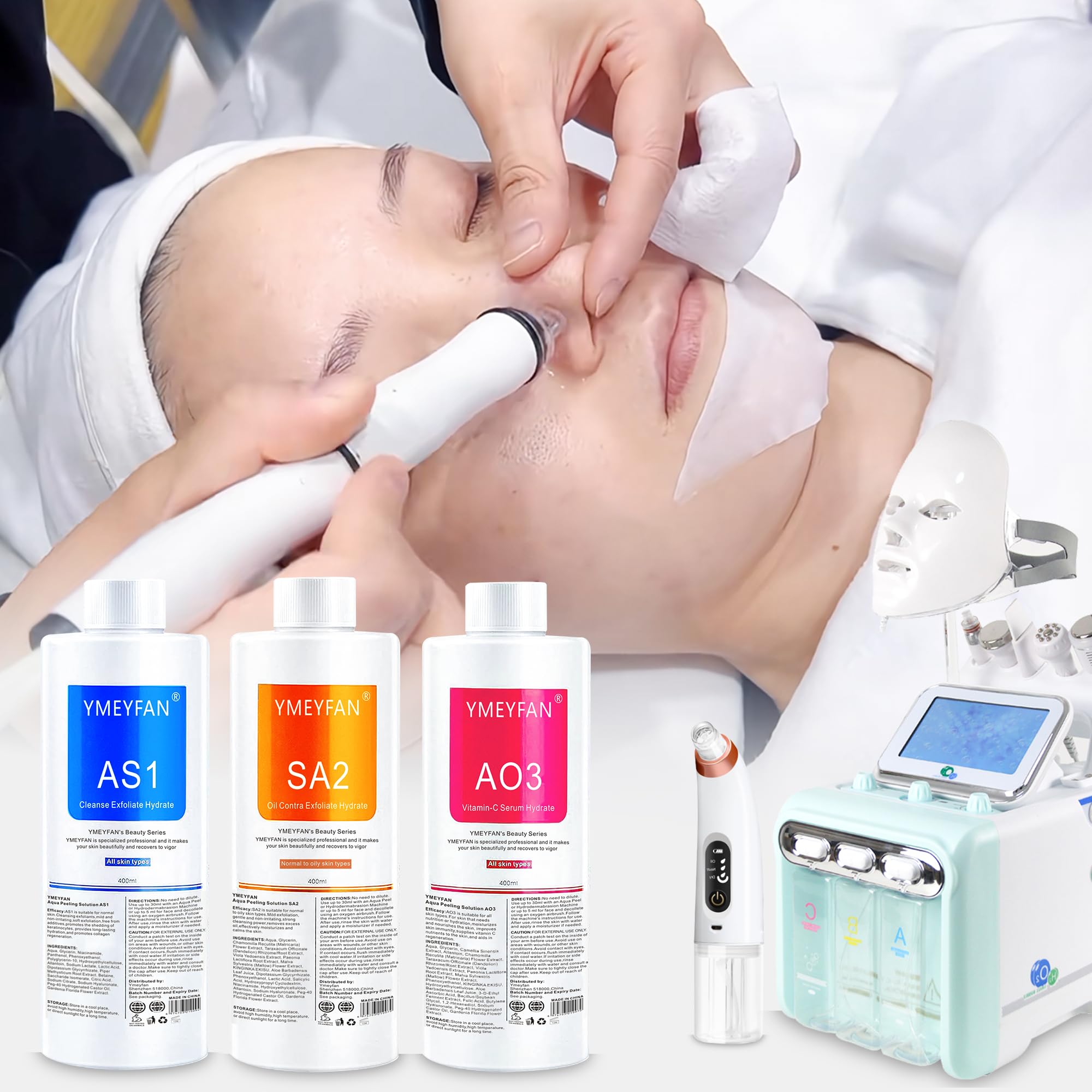 YMEYFAN Aqua Peeling Solution for Facial Machine, AS1 Solution for Hydrogen Oxygen Facial Machine Professional, Facial Deep Cleansing Hydrating Serums for Face Skin Care(400ml/3Pcs/English Ver.)