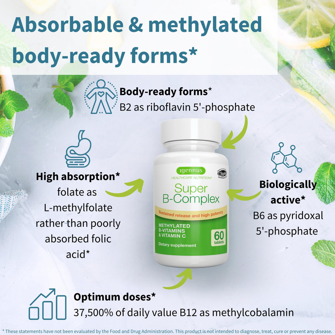 Igennus Super B-Complex Methylated B Vitamins, Sustained Release, Clean Label, MTHFR Supplement with Methylfolate & B12 Methylcobalamin, Vegan, Lab Verified, 180 Small Tablets