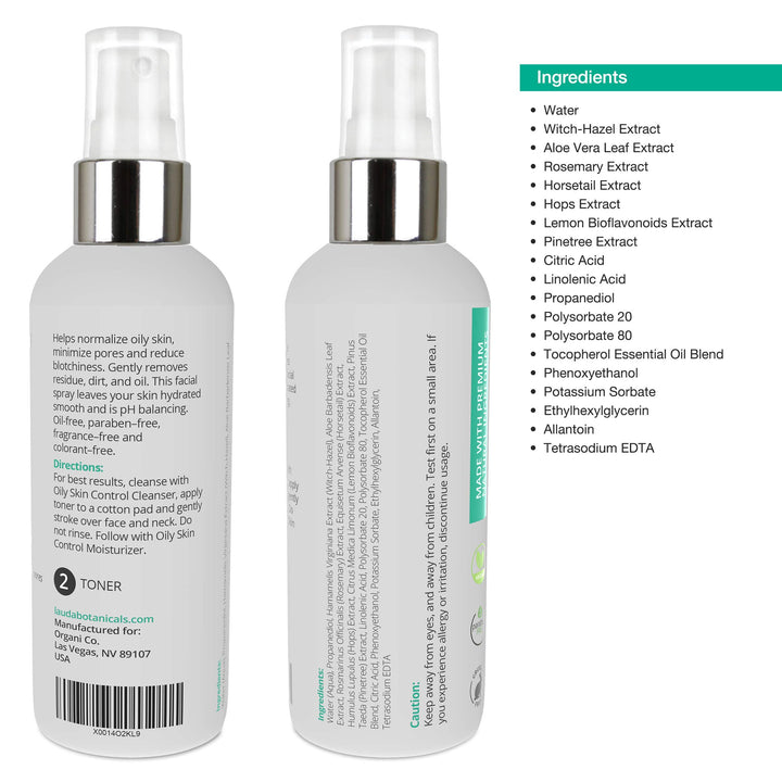 Oil Control Toner Spray with Witch Hazel Oily Skin Control Primer, Pore Minimizer and all Natural Astringent (3-in-1). Alcohol-Free. Facial Hydrating Mist for Acne Prone SKIN. 4 Ounces