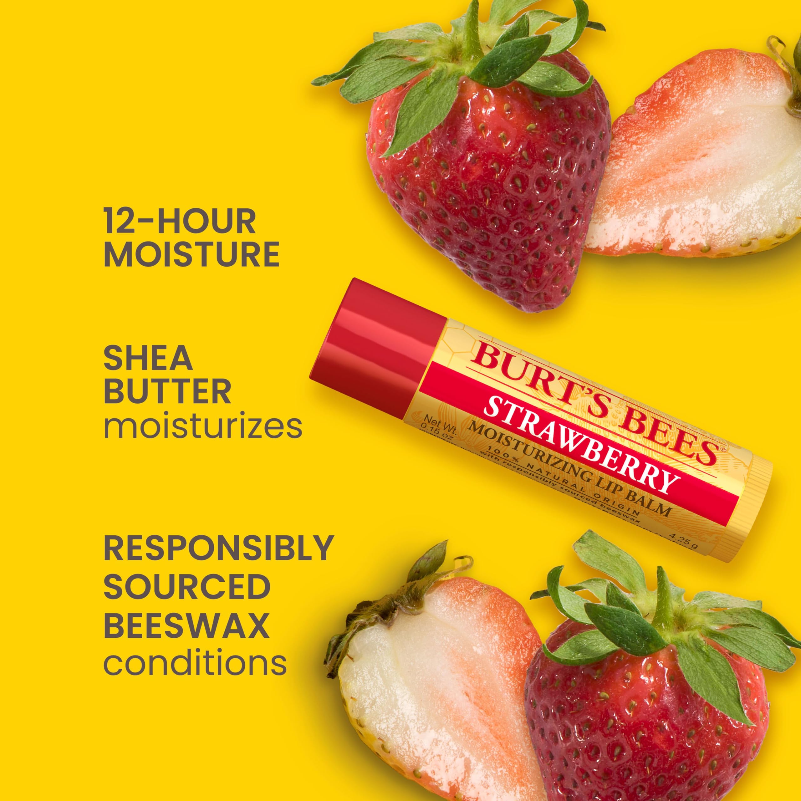 Burt's Bees 100% Natural Origin Moisturizing Lip Balm, Strawberry with Beeswax & Fruit Extracts - 1 Tube