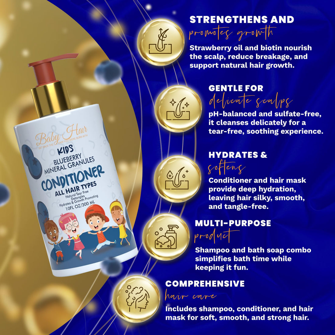 BABY HAIR - Blueberry Mineral Kids Hair Conditioner, Sulfate-Free Toddler Hair Conditioner, Hair Conditioner for Kids with Blueberry & Strawberry Oil, Aloe Vera, and Biotin, 10 fl.oz