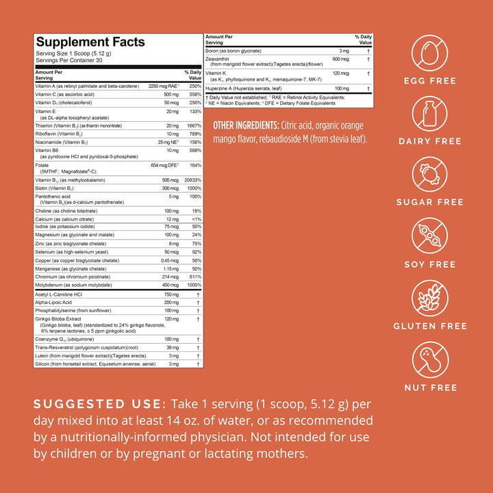 Dr Amen BrainMD Bright Minds Memory Multi, Orange Mango Flavor - 5.4 oz Powder - Multivitamin & Memory Support - Gluten Free, Sugar Free - 30 Servings