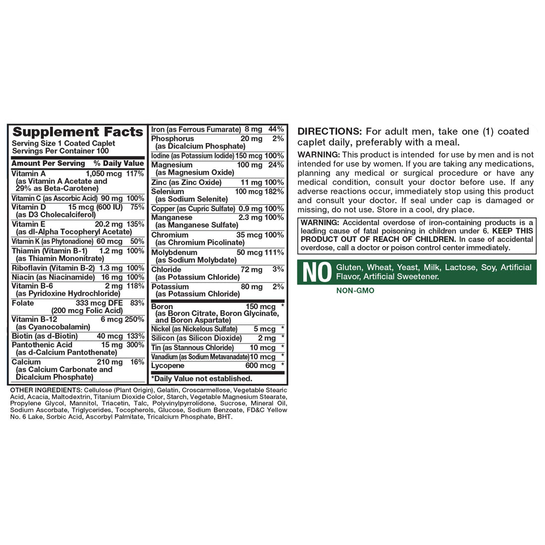 Nature's Truth Multivitamin for Men Adult | with Iron, Vitamins A, C, D & E | 100 Caplets | Non-GMO & Gluten Free