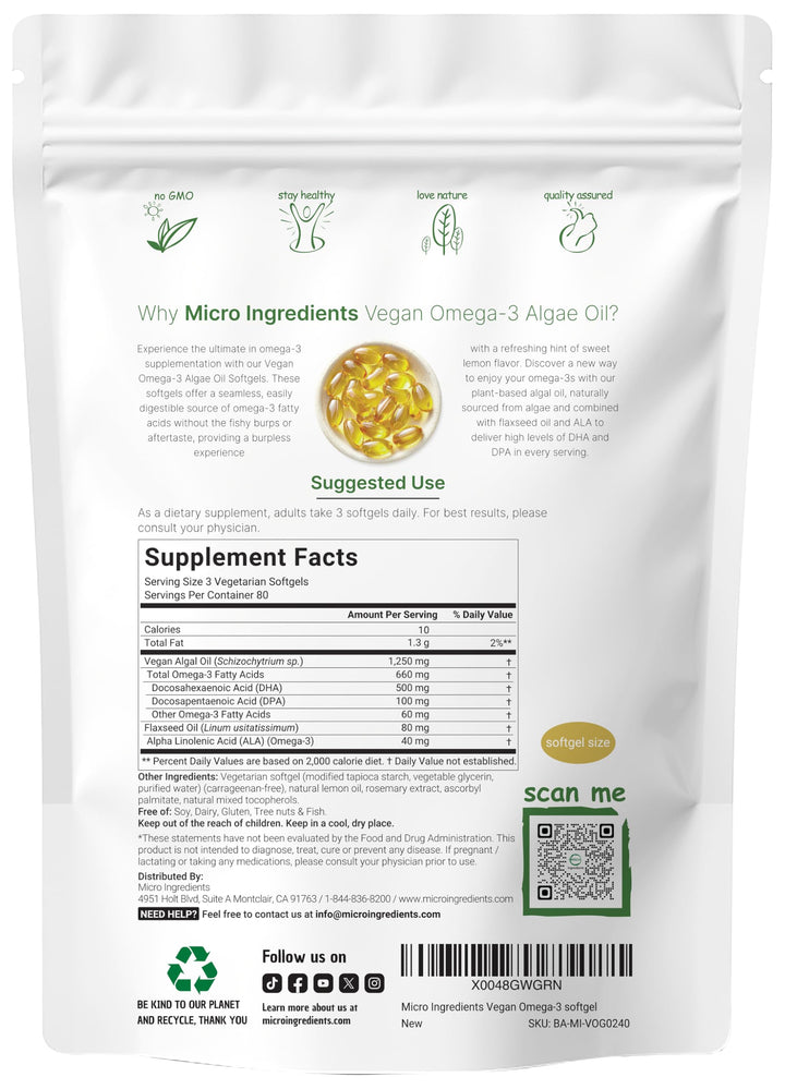 Vegan Omega 3 Algae Oil, 240 Veggie Softgels | Fish Oil Alternative | DHA 500mg & DPA 100mg | Carrageenan Free | Plant-Based Omega 3 with Flaxseed & ALA | Lemon Flavored