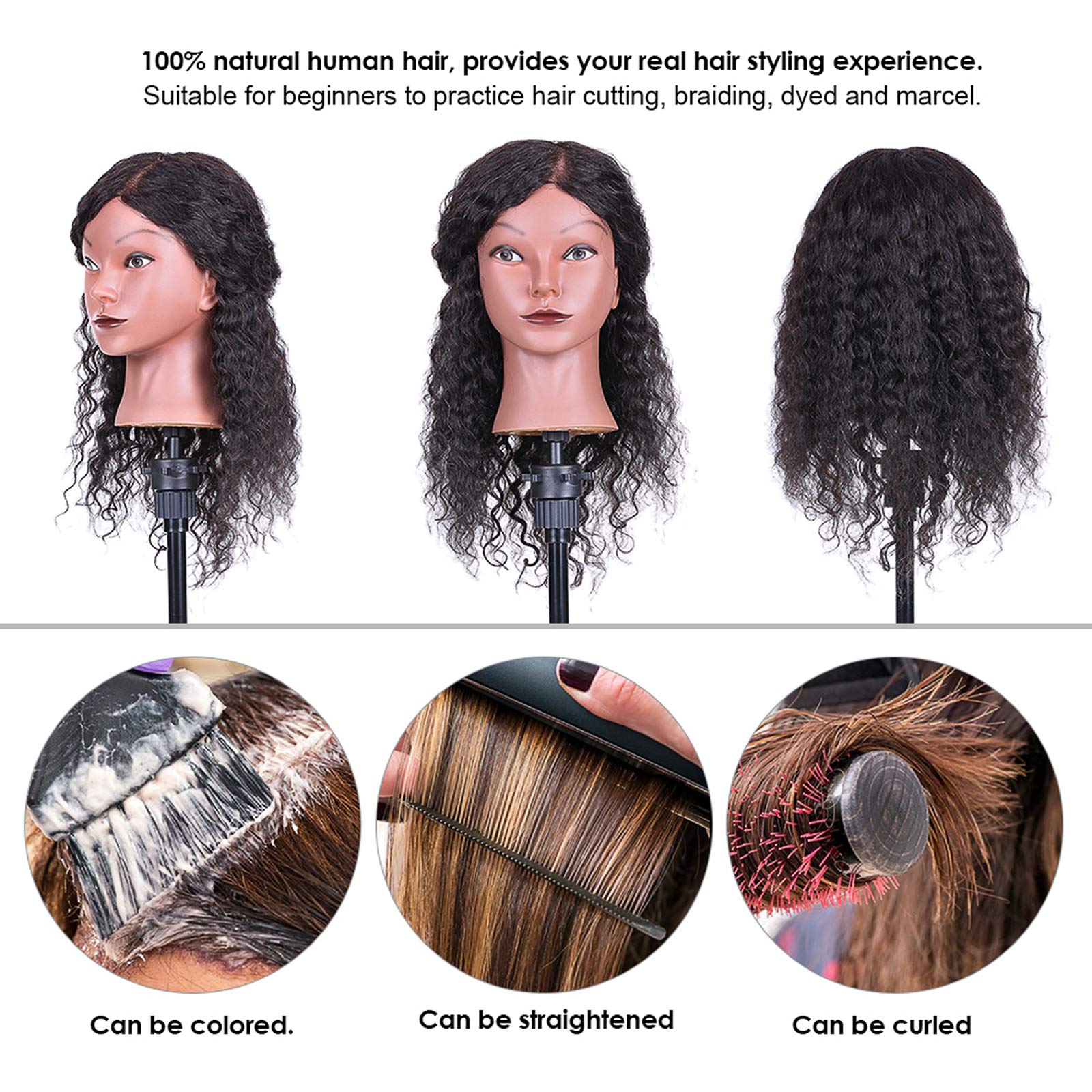 Anself Curly Hair Mannequin Head Hairdressing Training Head for Hair Styling Practice Hair Braiding Dummy Head with 100% Human Hair Black