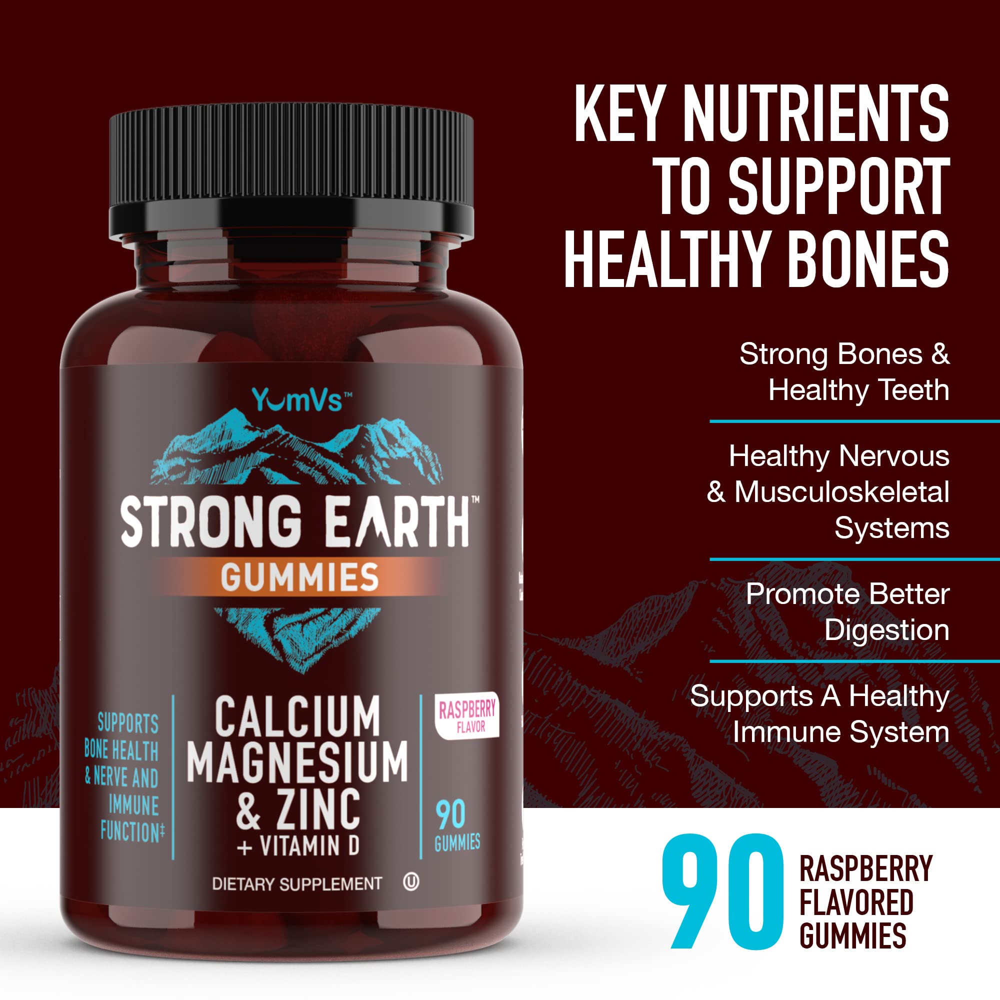 YUM-V'S Strong Earth Calcium, Magnesium, Zinc and Vitamin D Gummies (90 Count) Calcium Gummies with Vitamin D3 + Zinc & Magnesium Supplements, Delicious Bone Health Gummy Supplements