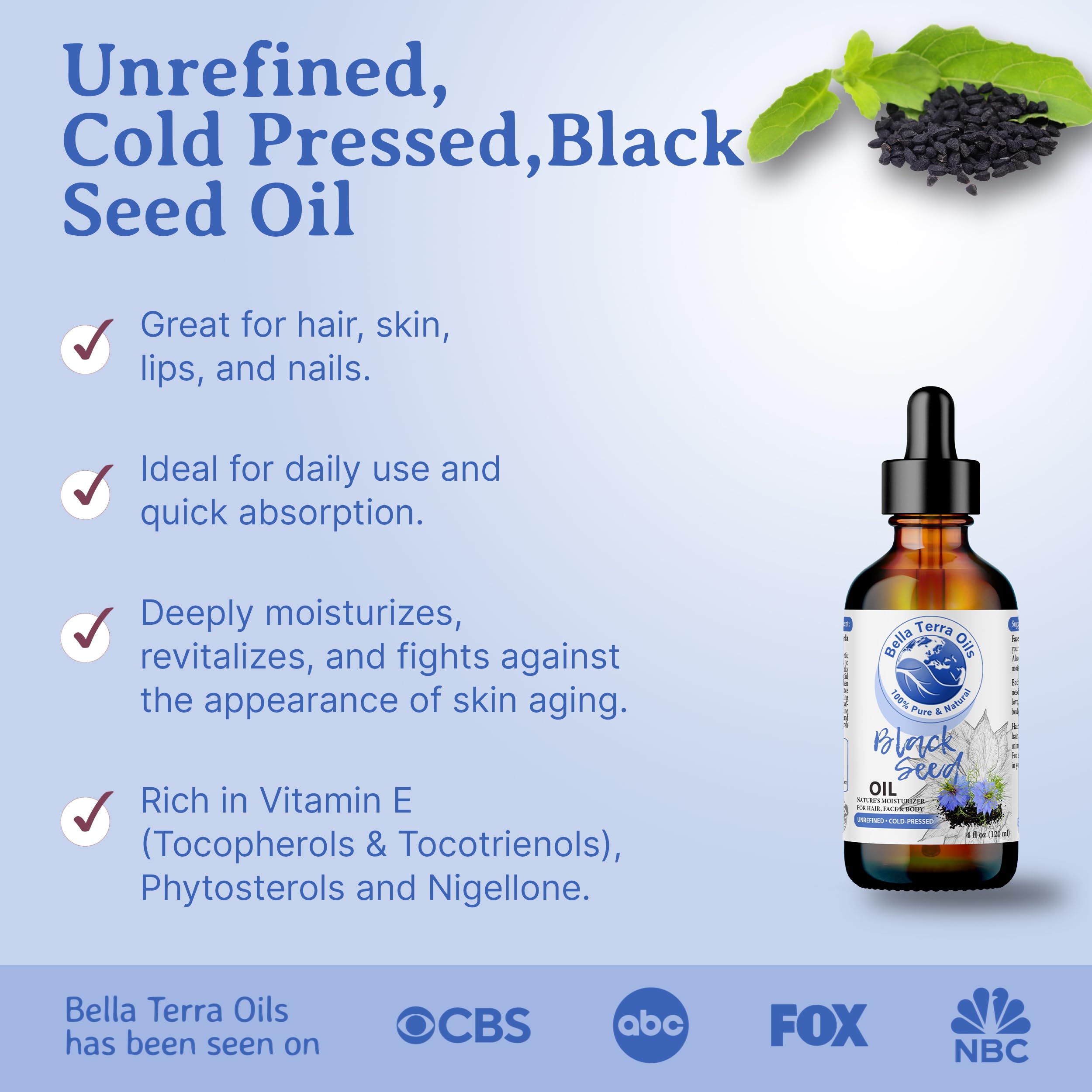 NEW Black Seed Oil. 4oz. Cold-pressed. Unrefined. Organic. 100% Pure. Nigella Sativa Black Cumin Oil. Hexane-free. Antioxidant-rich. Natural Moisturizer. For Hair, Face, Body, Nails, Stretch Marks.