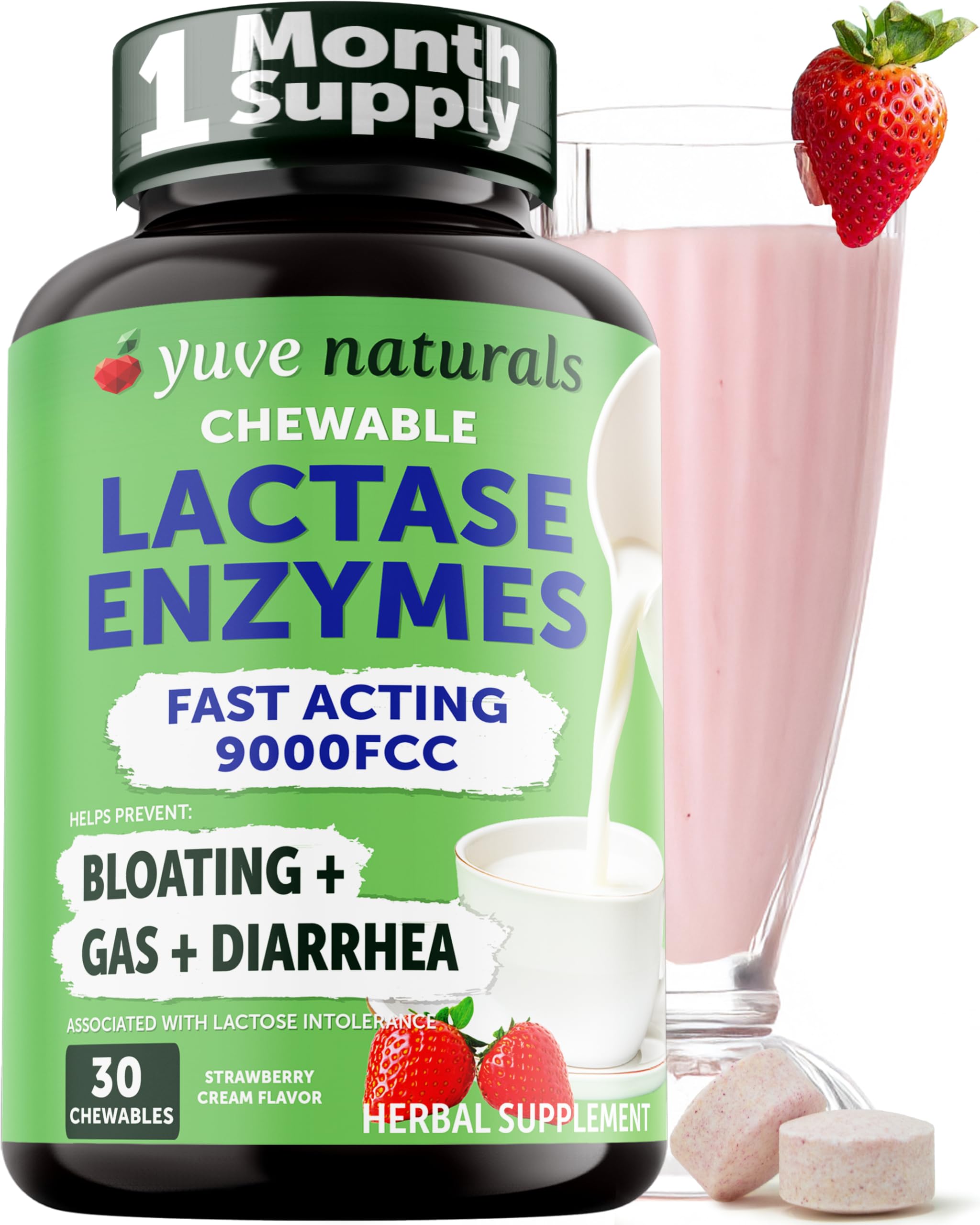 Fast Acting Dairy Relief Chewables - Natural Lactase Enzyme 9000 FCC - Say Goodbye to Dairy Discomfort - Dairy Pills for Lactose Intolerance Pills Chewable - Delicious Strawberry Cream Flavor - 30ct