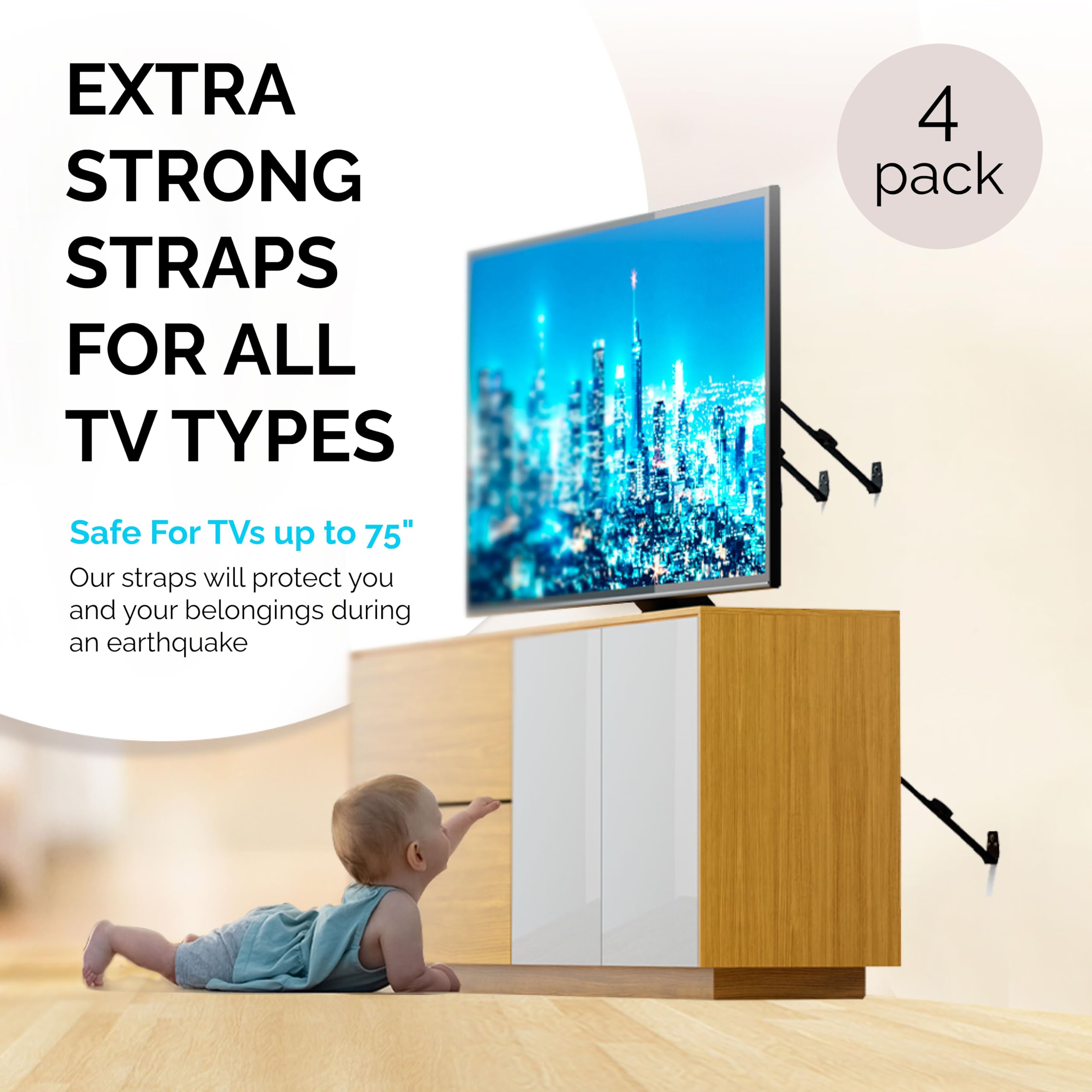 Family Care TV Safety Straps 4 Pack+Gift - Metal Furniture Straps for Baby Proofing - TV Straps Safety for Flat Screen - Earthquake Straps for Bookcases - Furniture Anchors Anti Tip Kit