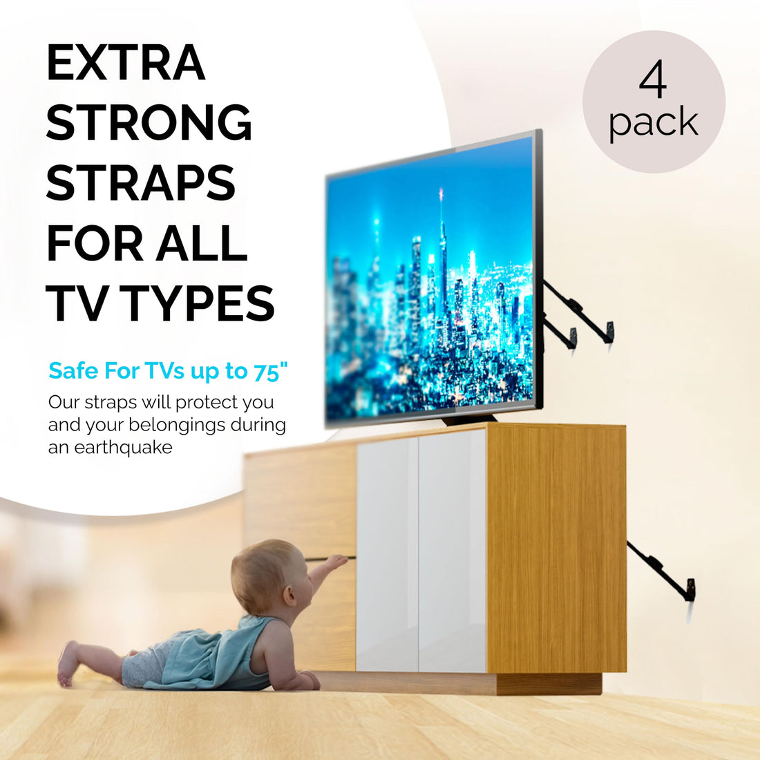 Family Care TV Safety Straps 4 Pack+Gift - Metal Furniture Straps for Baby Proofing - TV Straps Safety for Flat Screen - Earthquake Straps for Bookcases - Furniture Anchors Anti Tip Kit