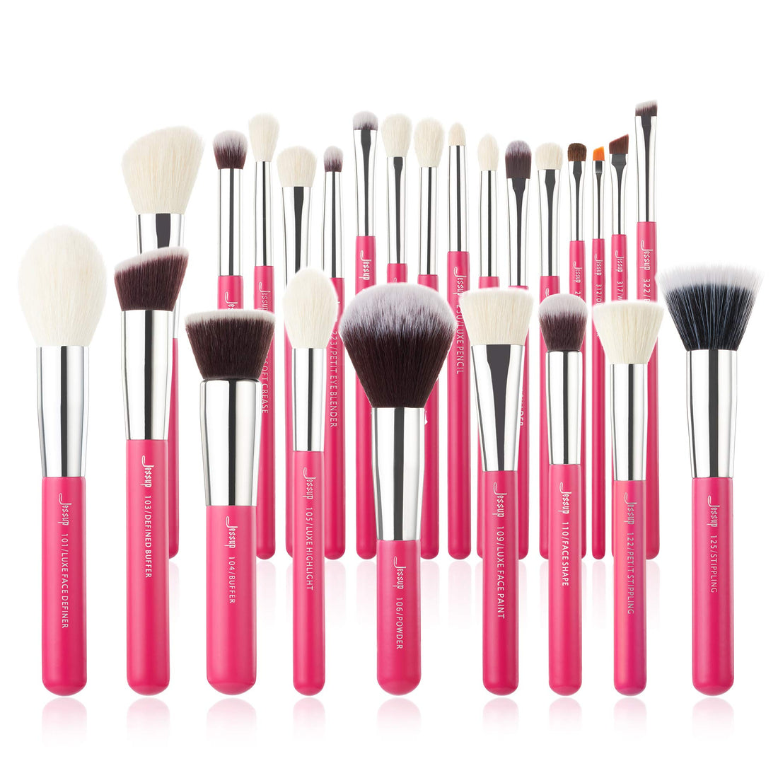 Jessup Brand 25pcs Professional Makeup Brush set Beauty Cosmetic Foundation Power Blushes eyelashes Lipstick Natural-Synthetic Hair Brushes set (Rose Carmine/Silver)