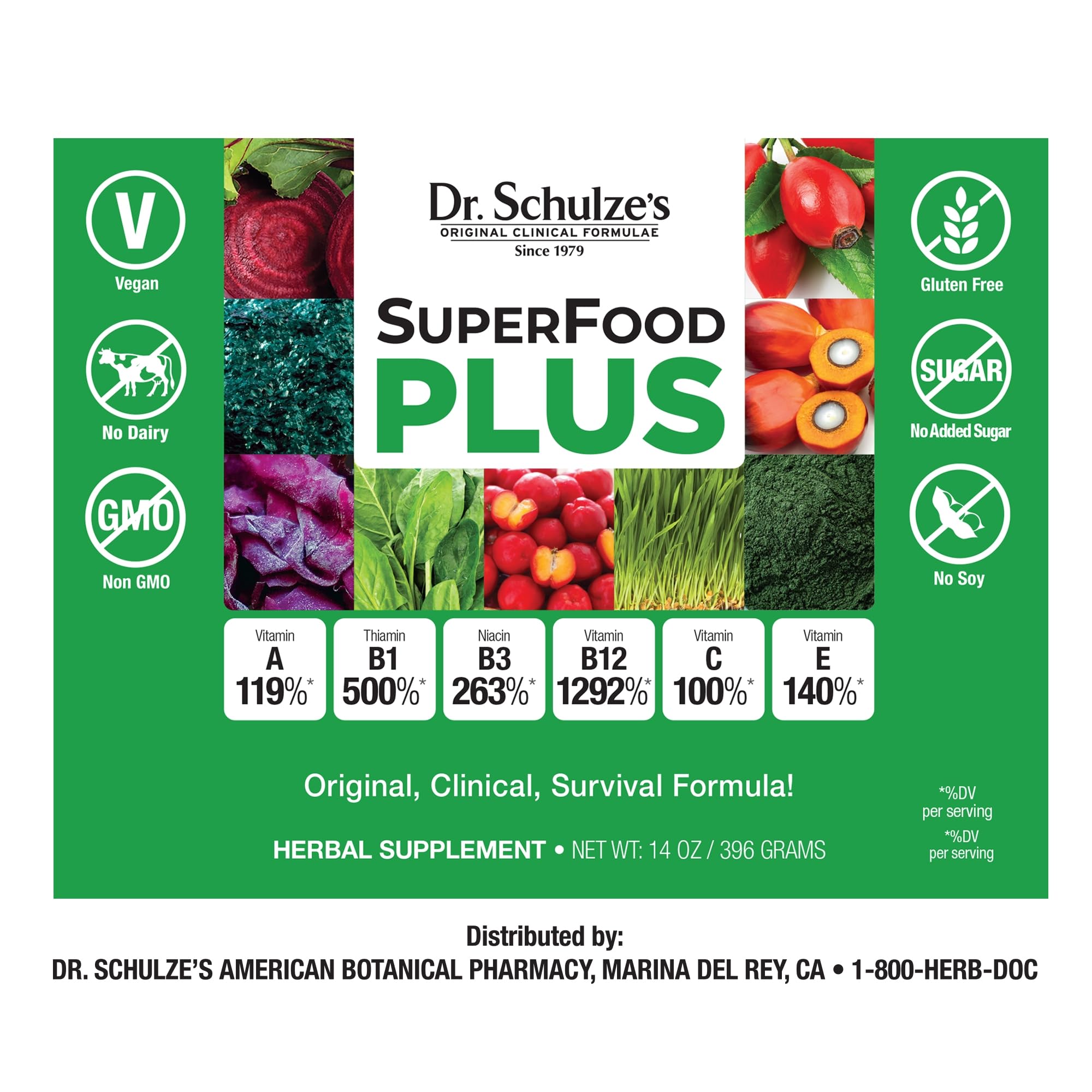 Dr. Schulze’s SuperFood Plus | Vitamin and Mineral Herbal Concentrate | Daily Nutrition | Gluten-Free and Non-GMO | Vegan | 14 Ounce Powder | Packaging May Vary