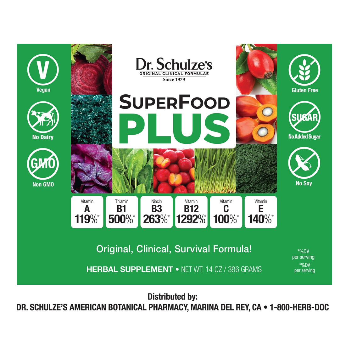 Dr. Schulze’s SuperFood Plus | Vitamin and Mineral Herbal Concentrate | Daily Nutrition | Gluten-Free and Non-GMO | Vegan | 14 Ounce Powder | Packaging May Vary