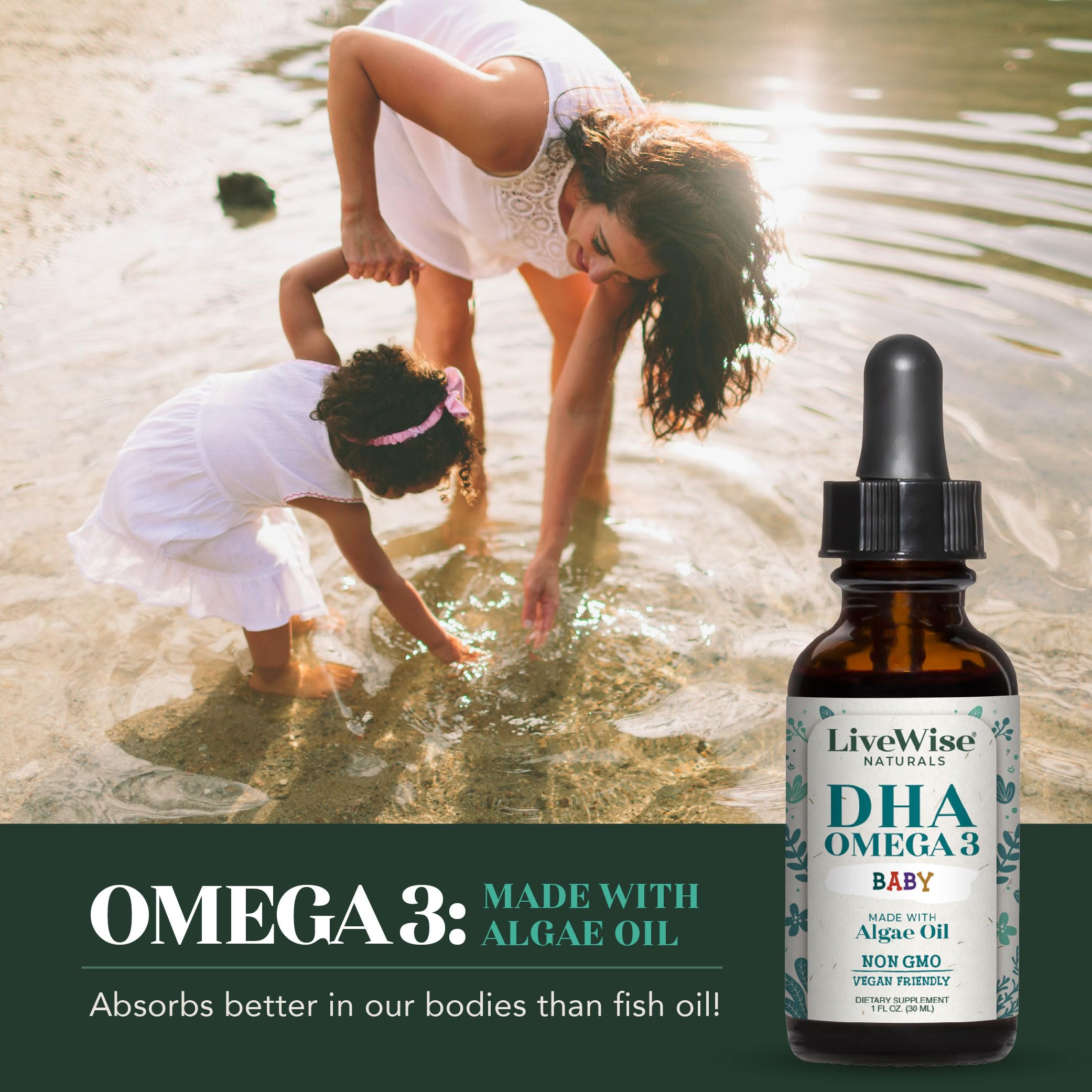 DHA Omega 3 Liquid Drops - Baby Vitamin DHA Omega 3 for Infant - Vegan Friendly, Great Tasting - Omega 3 Supplement w/Organic Orange Oil Supports Healthy Brain, Eyes, Immune System