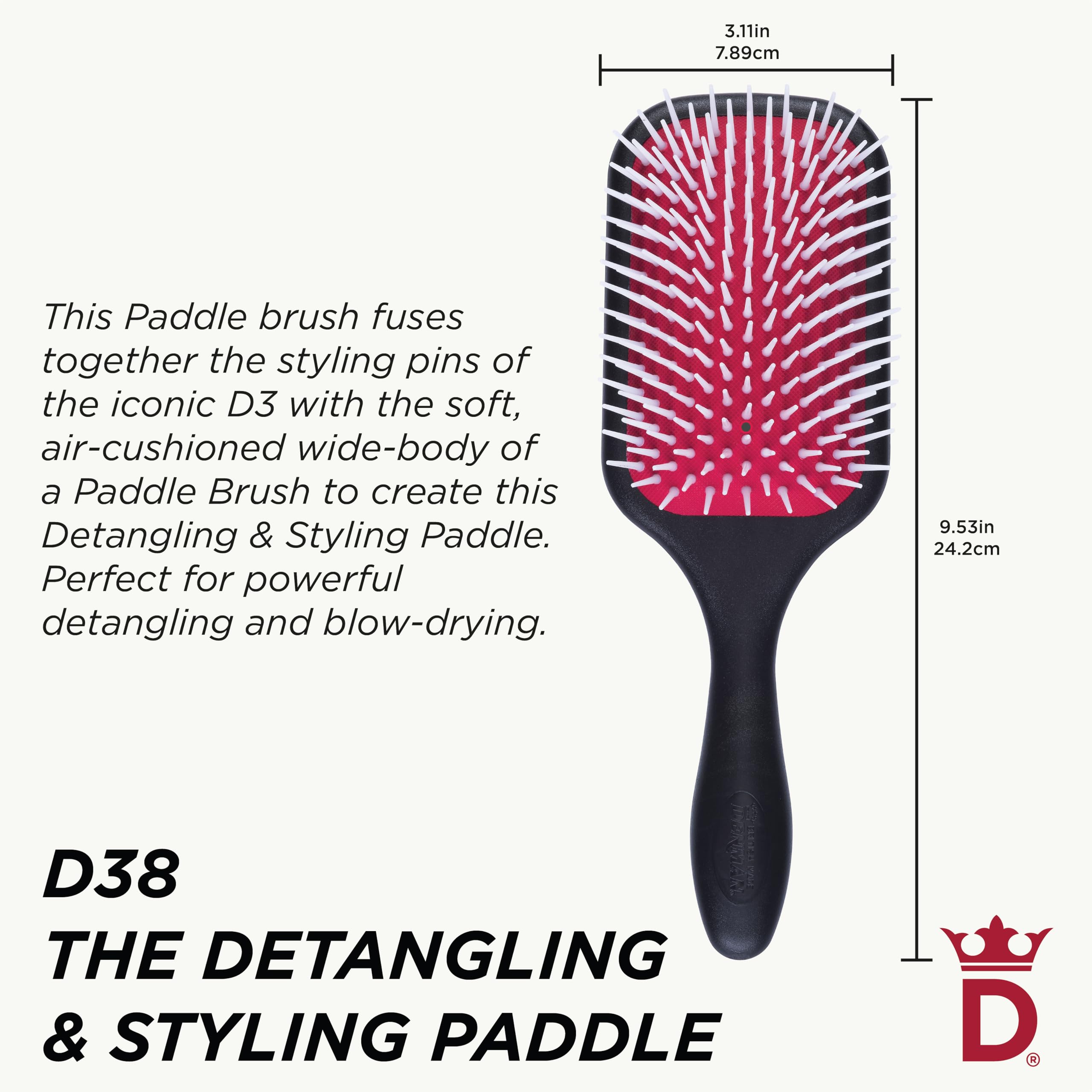 Denman D 38 Professional Large Power Paddle Hair Brush with Red Cushion for Men and Women, Black and Red Color