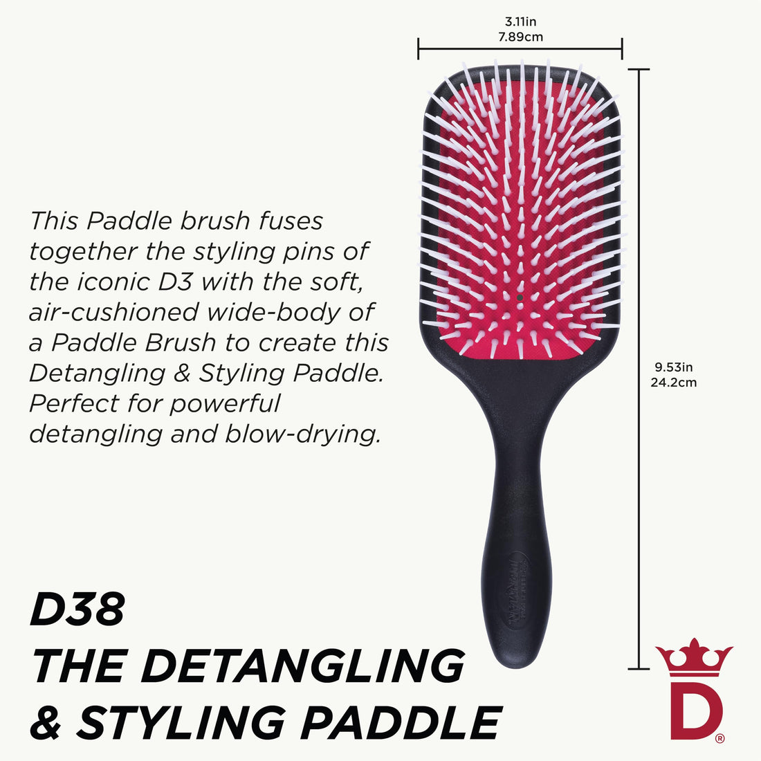 Denman D 38 Professional Large Power Paddle Hair Brush with Red Cushion for Men and Women, Black and Red Color