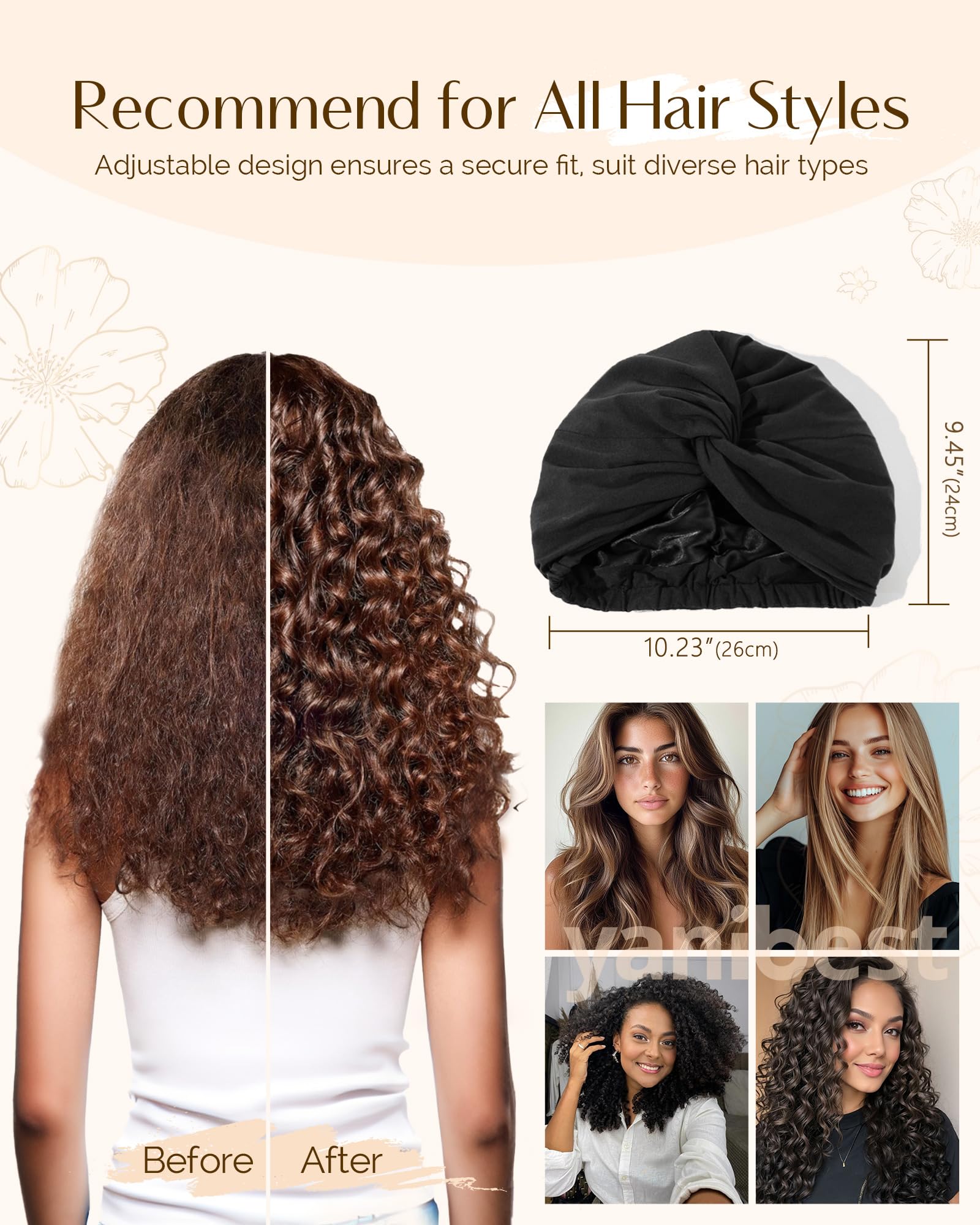 YANIBEST Satin Lined Hair Bonnet for Sleeping, Silk Turban, Hair Wrap Chemo Headwear for Women Natural Curly Hair, Black