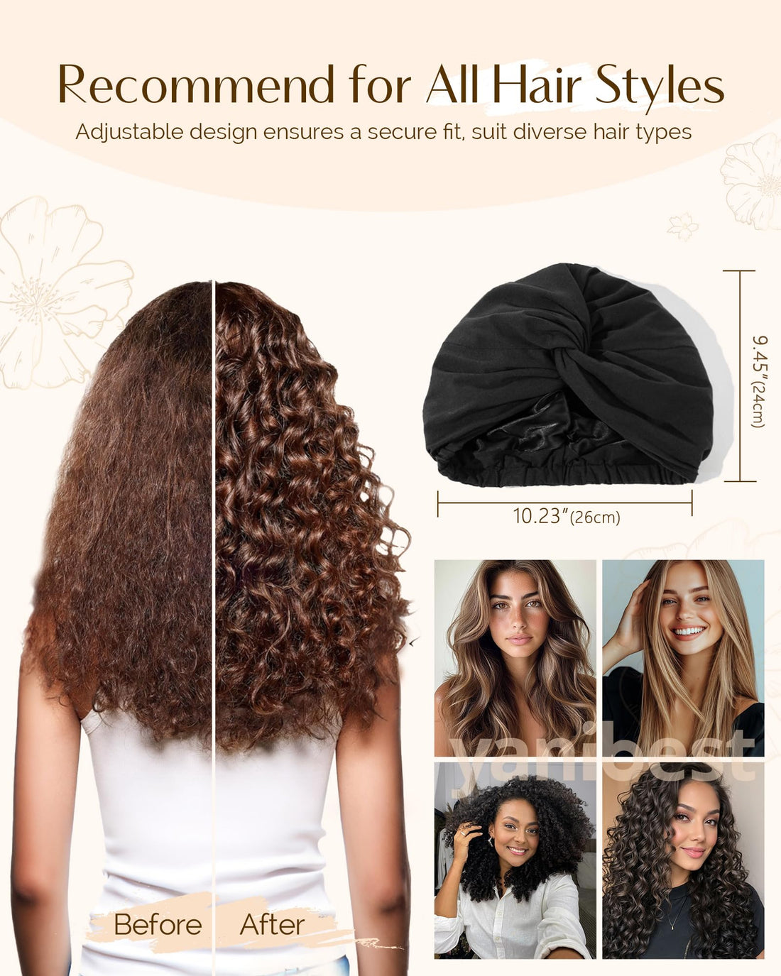 YANIBEST Satin Lined Hair Bonnet for Sleeping, Silk Turban, Hair Wrap Chemo Headwear for Women Natural Curly Hair, Black