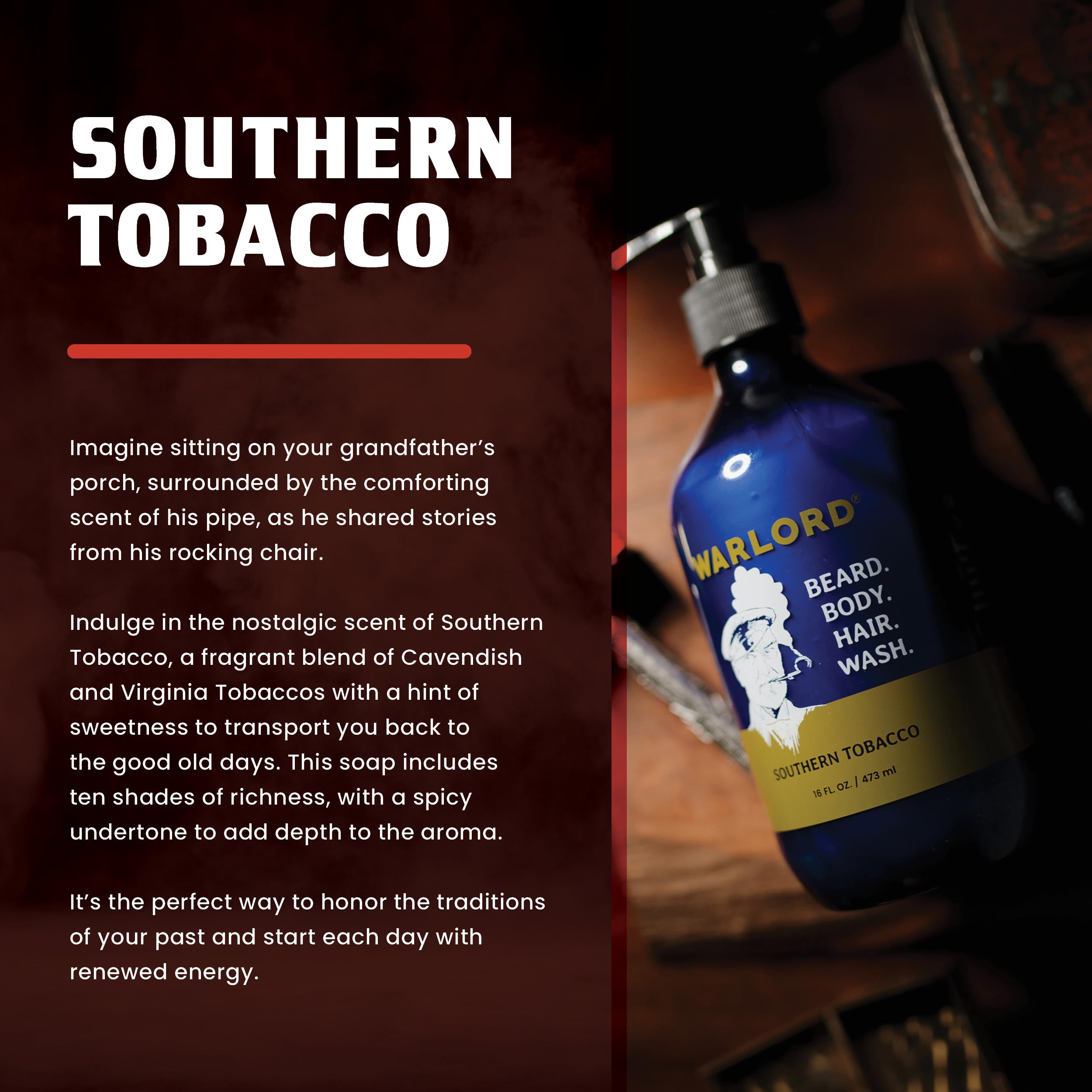 WARLORD 3-in-1 Mens Body Wash, Hair Shampoo Conditioner & Beard Wash - Hydrating & Formulated for Facial Hair w/Vitamin E & Antioxidants for Sensitive Skin - Southern Tobacco, 16 oz bottle w/pump