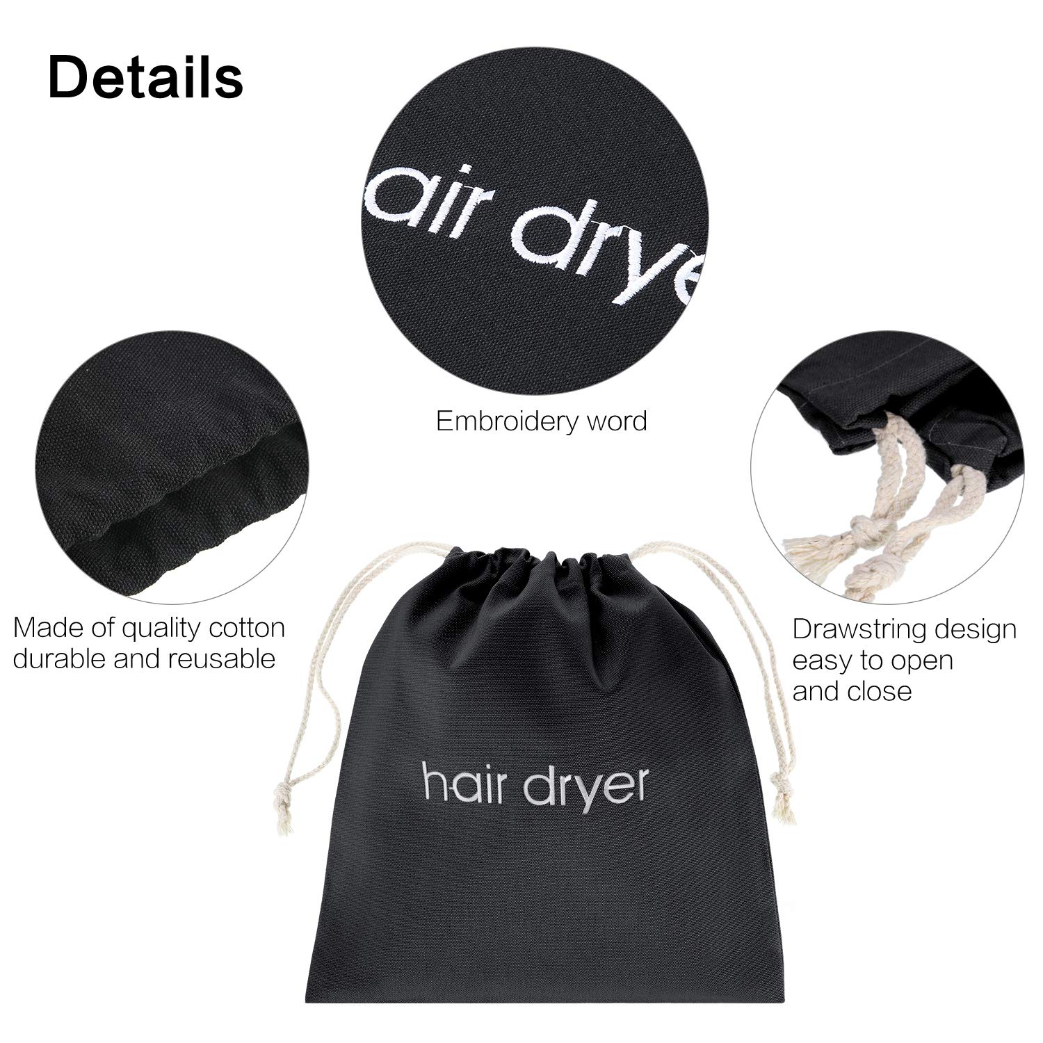 Hair Dryer Bags Drawstring Bag Container Hairdryer Bag, 11.8 by 13.8 Inch (Black,Cotton)