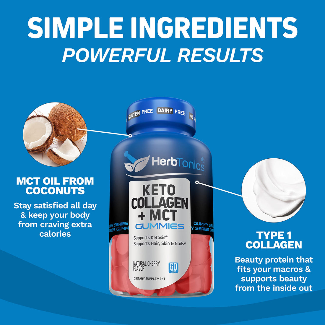 Herbtonics Keto Gummies with MCT + Collagen | Sugar Free MCT Oil Capsules | Anti Aging, Hair Growth, Skin Care & Strong Nails Protein Collagen Gummies | On-The-Go Keto Gummy