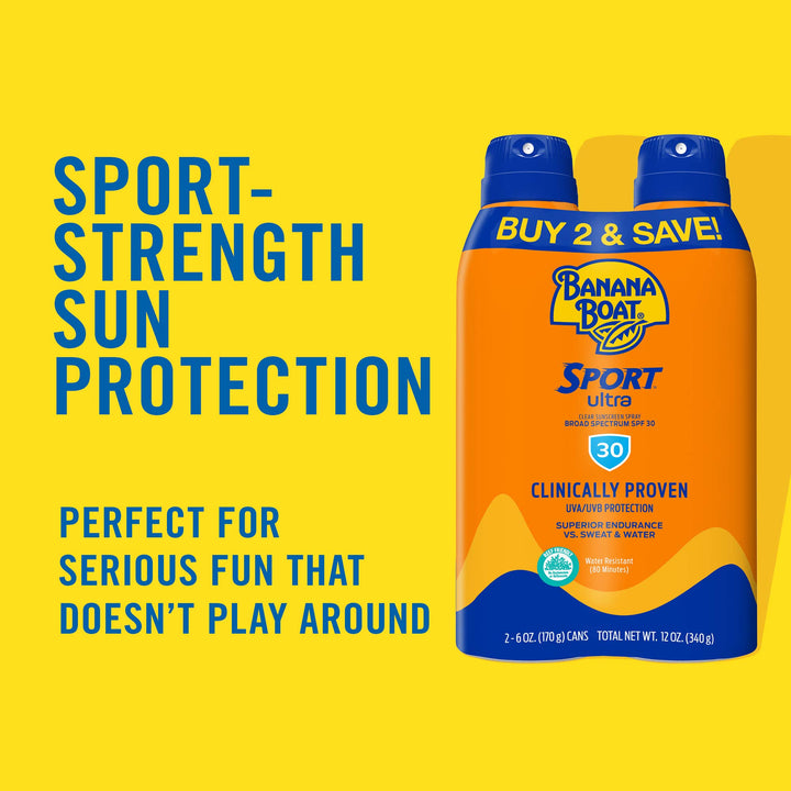 Banana Boat Sport Ultra SPF 30 Sunscreen Spray Twin Pack | Banana Boat Sunscreen Spray SPF 30, Spray On Sunscreen, Water Resistant Sunscreen, Oxybenzone Free Sunscreen Pack, 6oz each