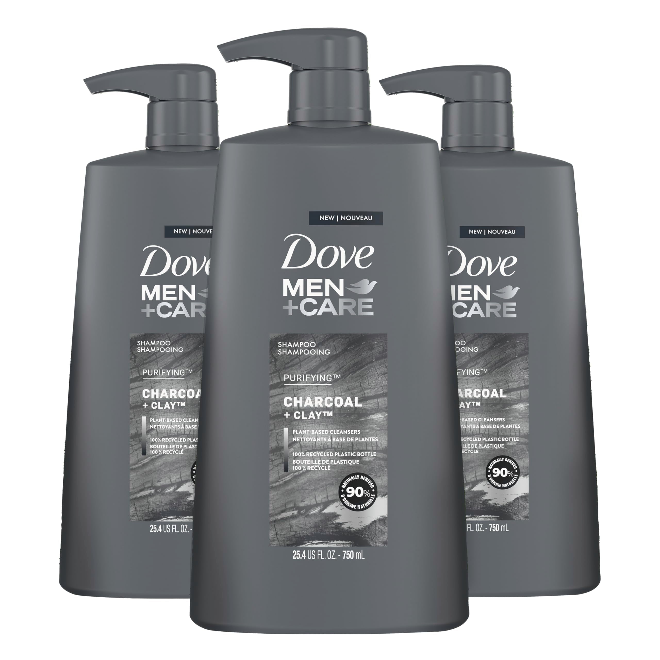 DOVE MEN + CARE Shampoo Charcoal + Clay 3 Count For Healthy-Looking Hair Naturally Derived Plant Based Cleansers 25.4 oz