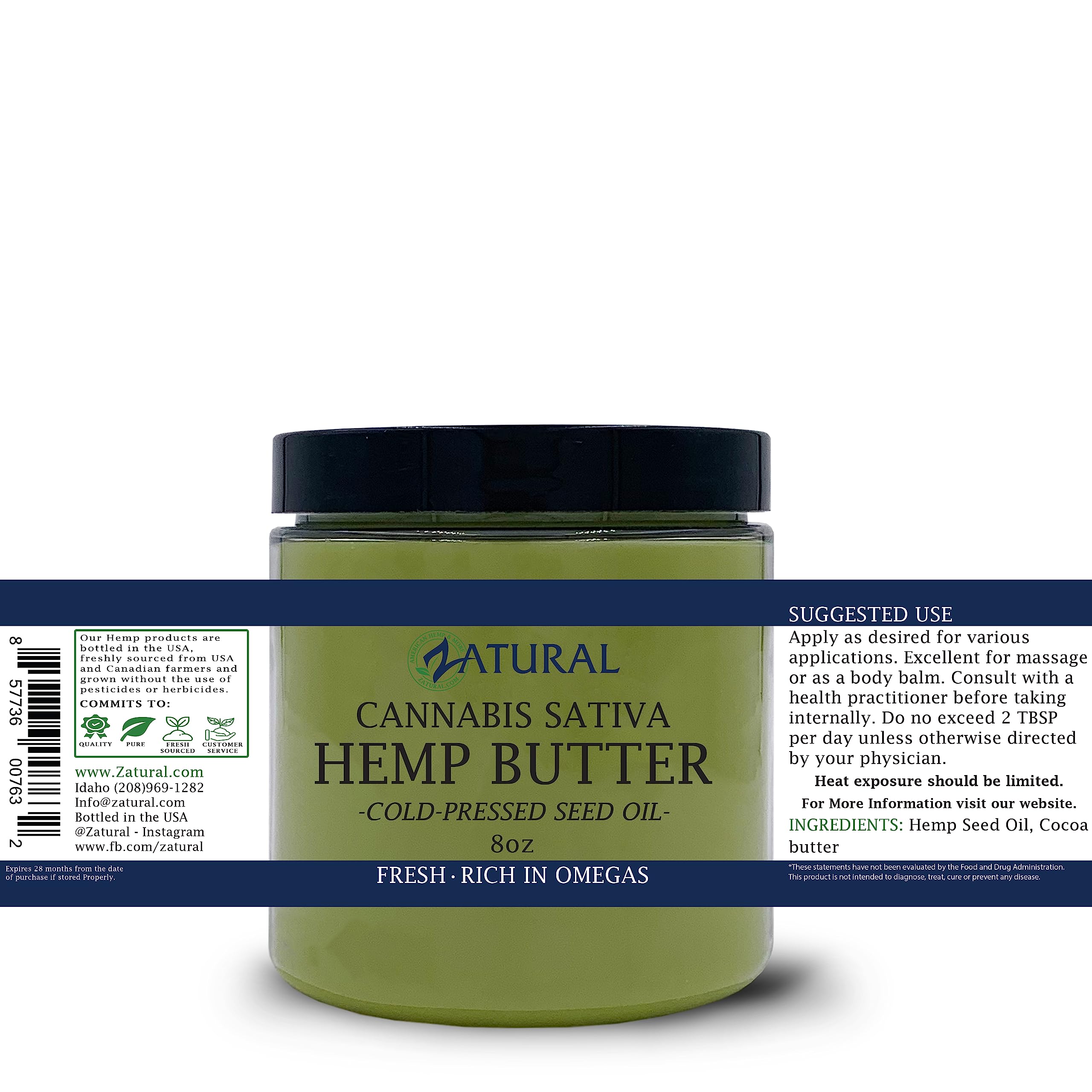 Zatural Hemp Body Butter 17,500mg Hemp per oz Organically Grown Raw Vegan Hemp and Cocoa Creamy Texture. (8oz)