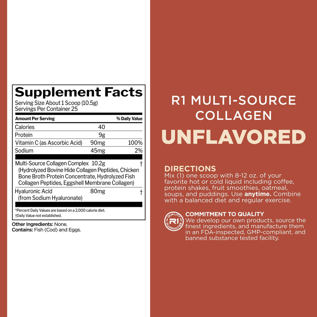 Rule 1 Multi-Source Collagen Powder - Bovine, Chicken, Fish & Eggshell Collagen Sources + Hyaluronic Acid & Vitamin C for Hair, Skin, & Nail Support (25 Servings, Unflavored)