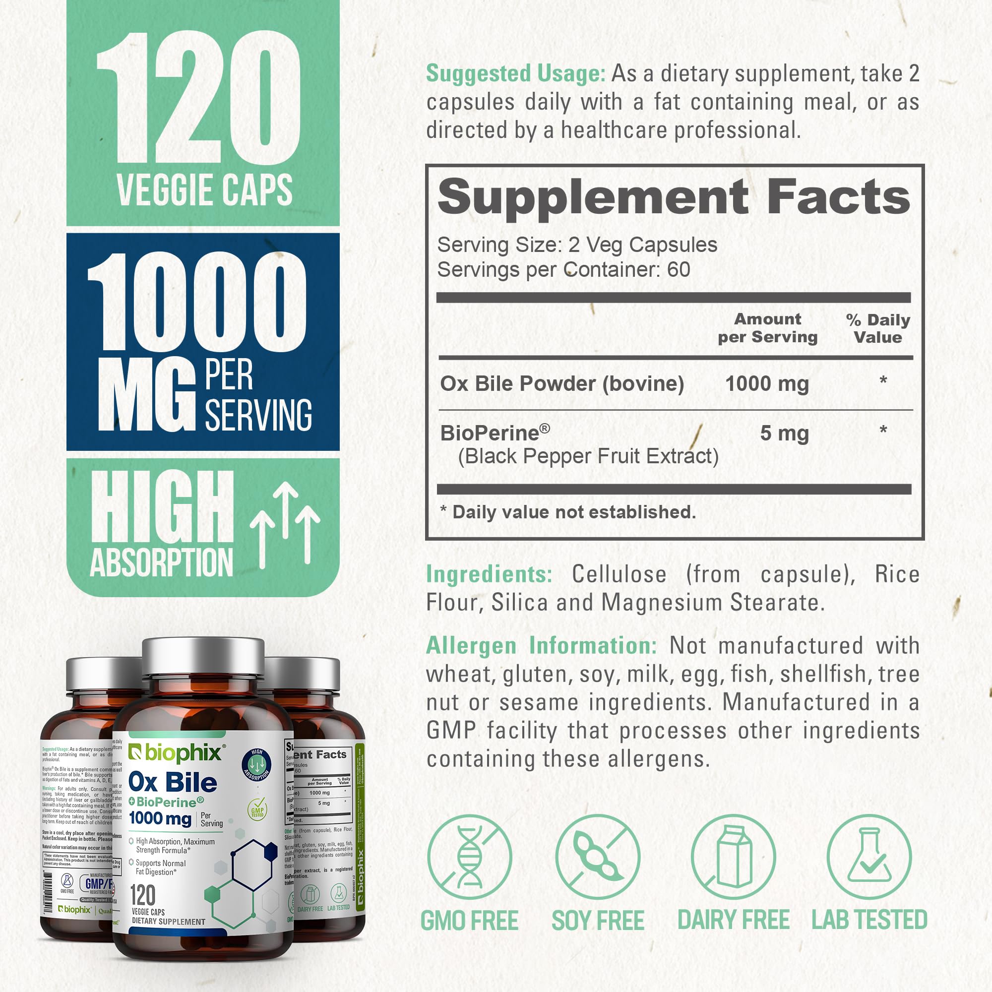 biophix Ox Bile 1000 mg with BioPerine 120 Veggie Capsules - High Absorption Digestive Enzymes Supplement - Liver Metabolic GI Fat Metabolism Support