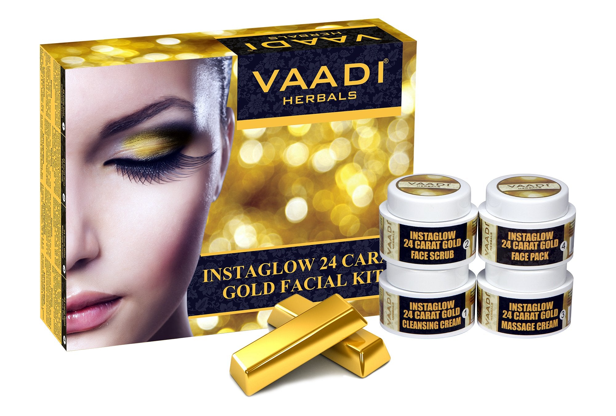 Facial Kit - Gold Facial Kit with 24 Carat Gold Leaves, Marigold & Wheatgerm Oil, Lemon Peel Extract -  ALL Natural -  Suitable for All Skin  Unisex  70 Grams - Vaadi Herbals